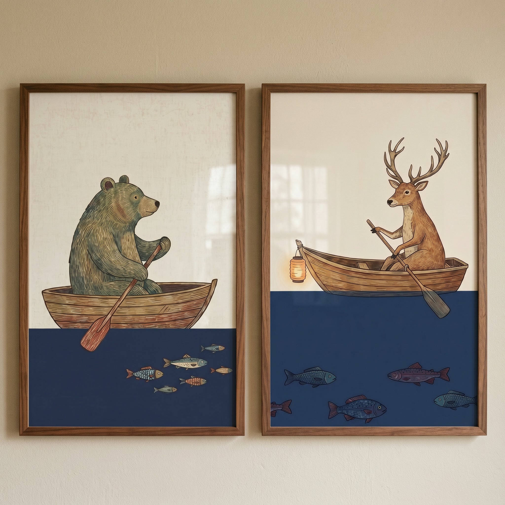 Vintage Rowing Woodland Animals Wall Art Set of 2 - Serene Animal Rowers