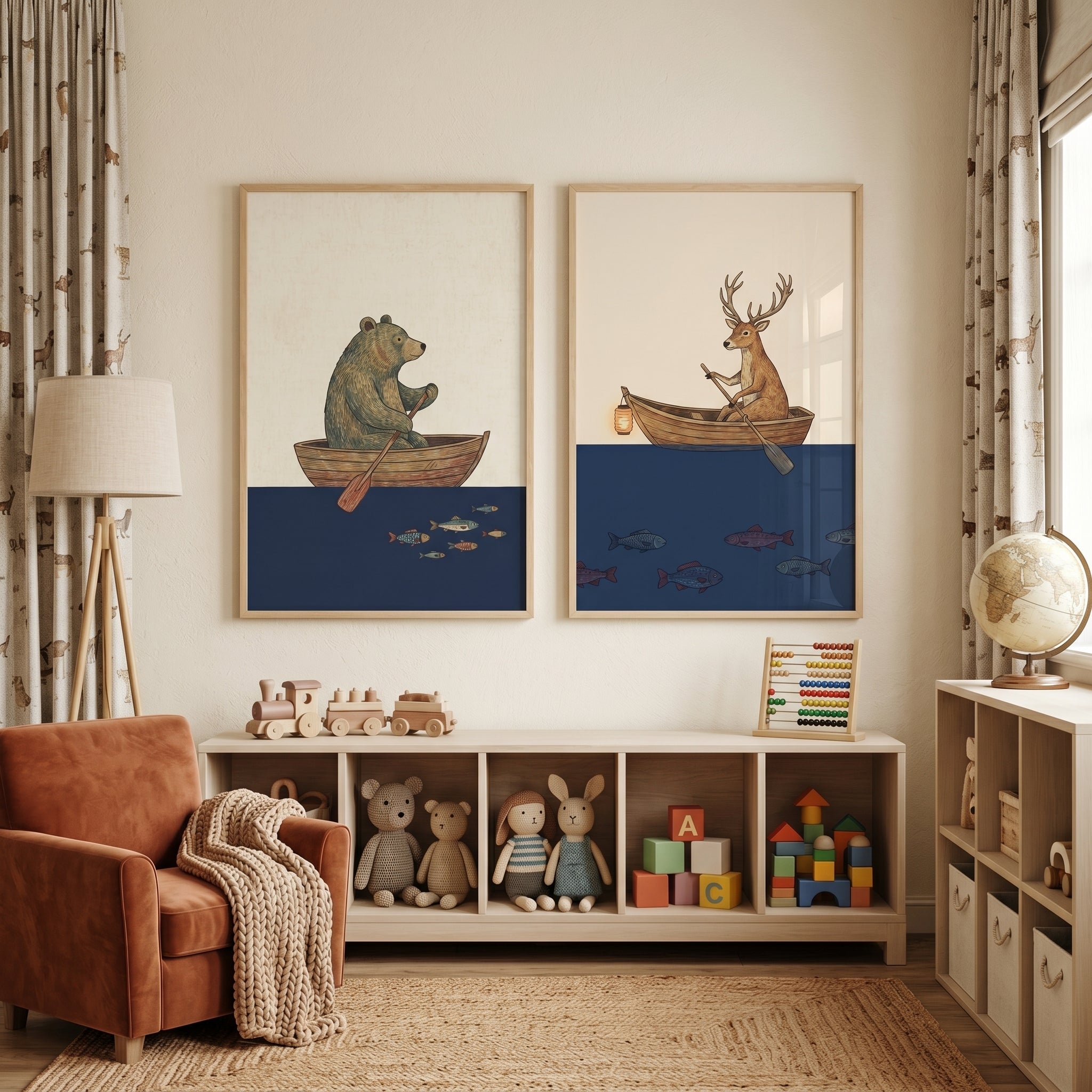 Vintage Rowing Woodland Animals Wall Art Set of 2 - Serene Animal Rowers