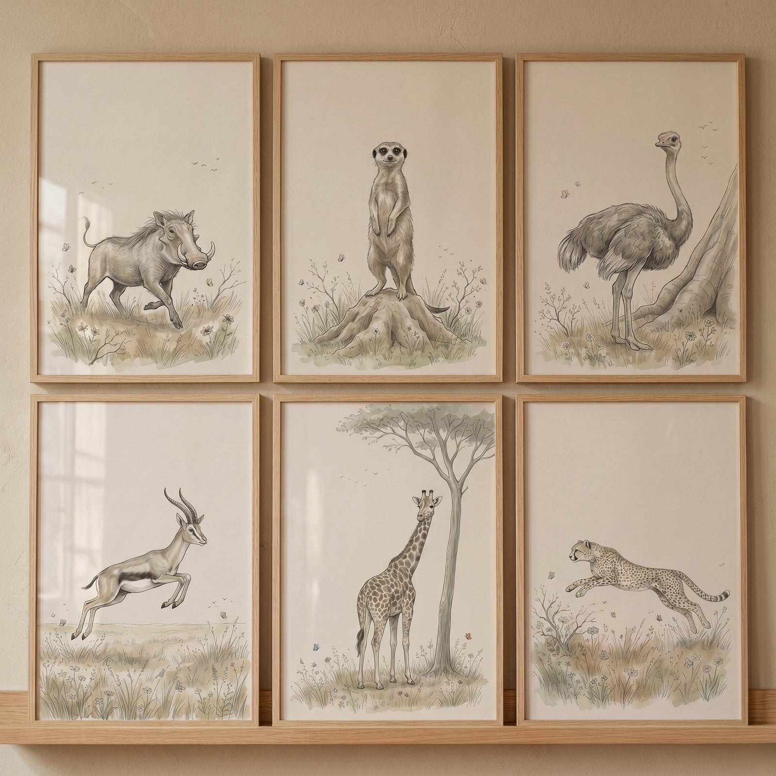 Vintage safari animal wall art set of 6 with sketches of warthog, meerkat, ostrich, gazelle, giraffe, and cheetah.