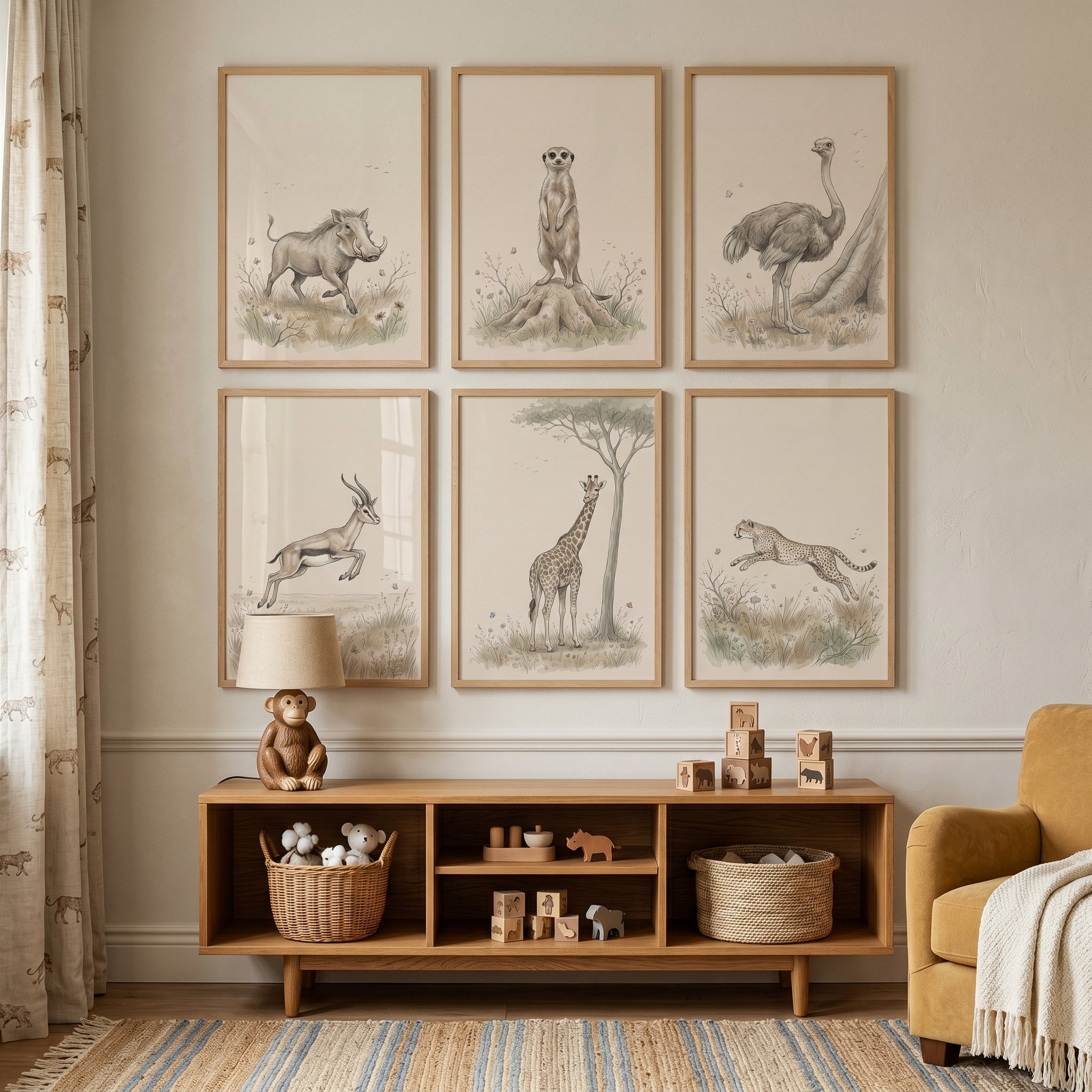 Vintage Safari Animal Wall Art Set of 6 - Safari Sketch Set