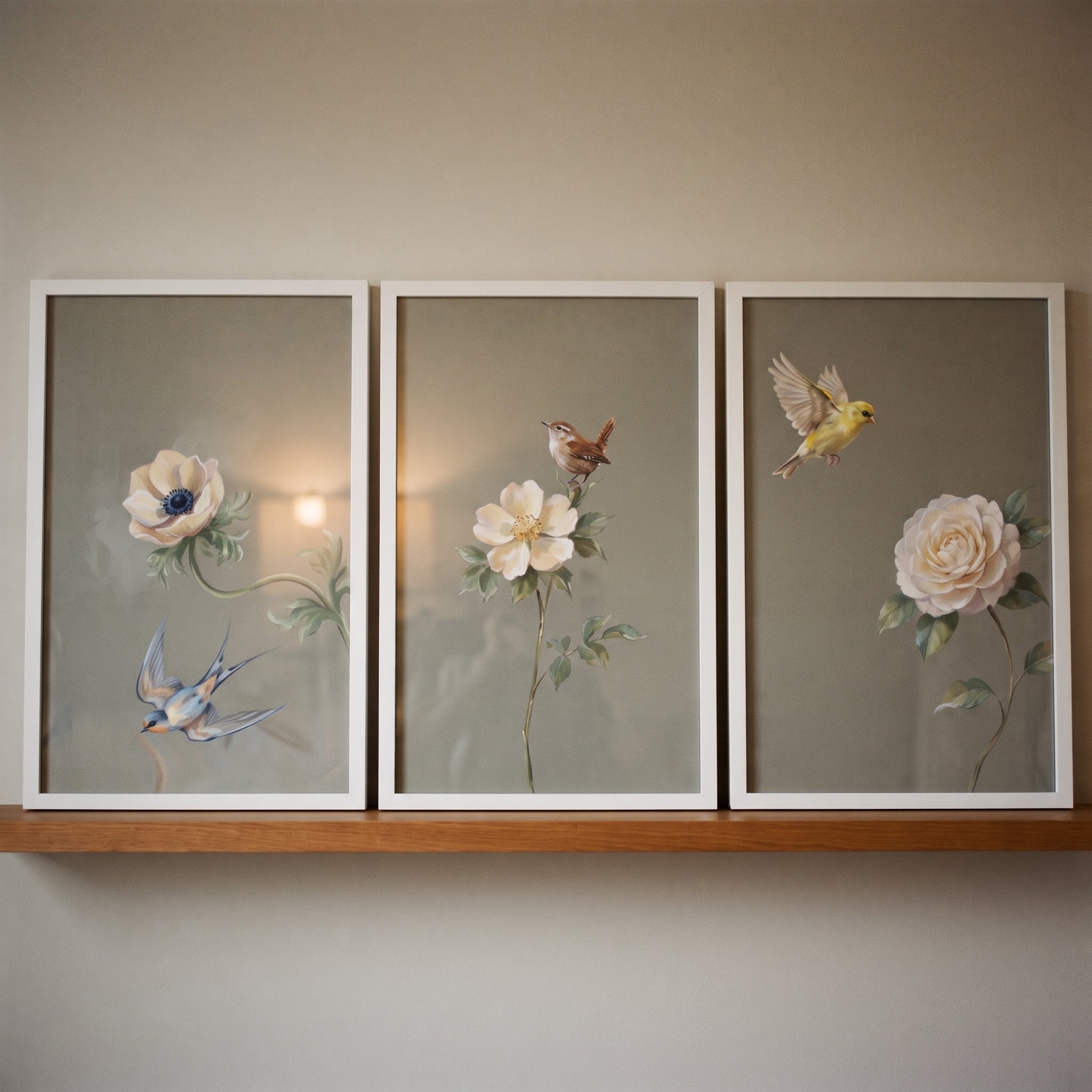 Vintage Sage Floral Bird Floral Wall Art Set of 3 - Graceful Avian Blooms