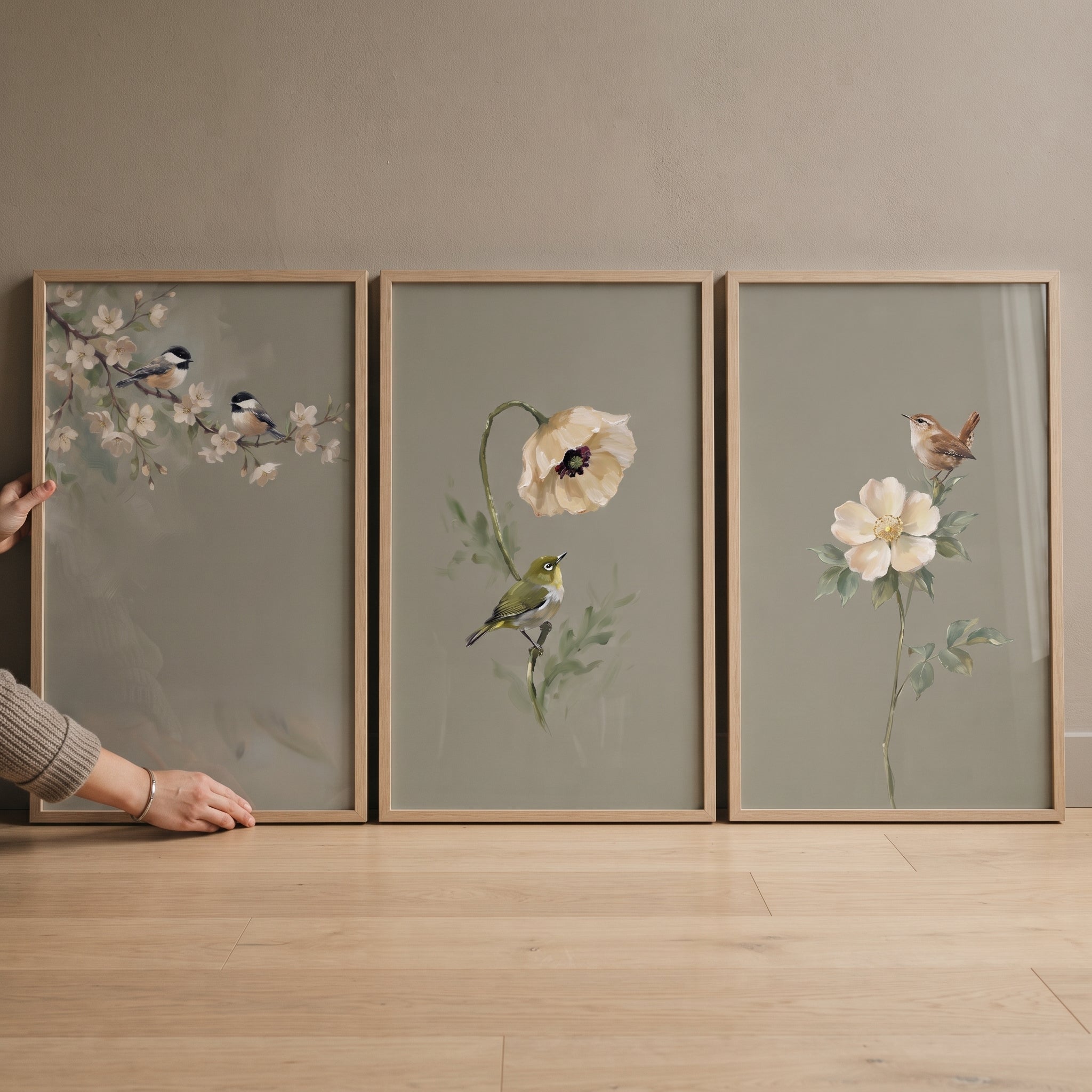 Vintage Sage Green Songbird Wall Art Set of 3 - Songbird Garden Trio