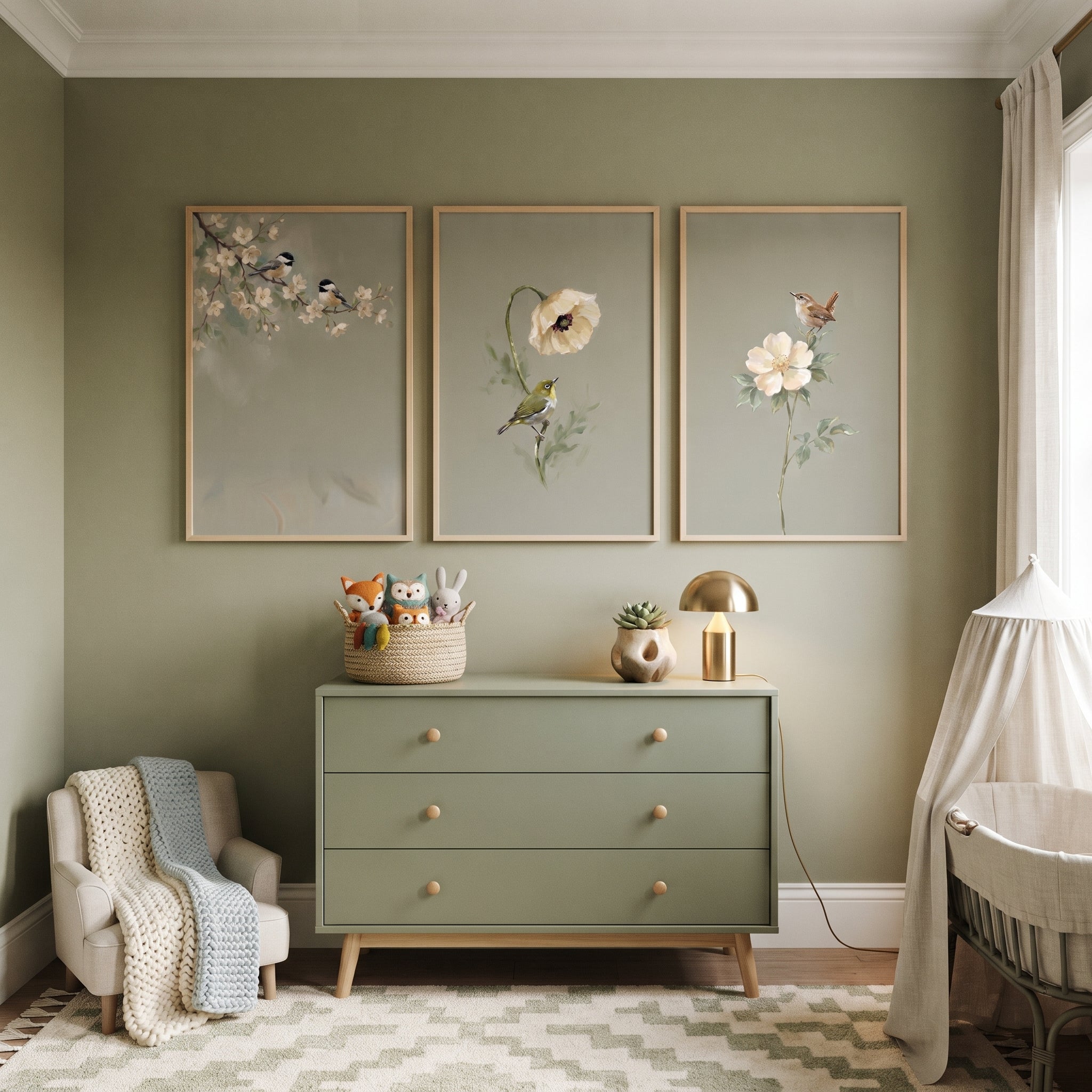 Vintage Sage Green Songbird Wall Art Set of 3 - Songbird Garden Trio