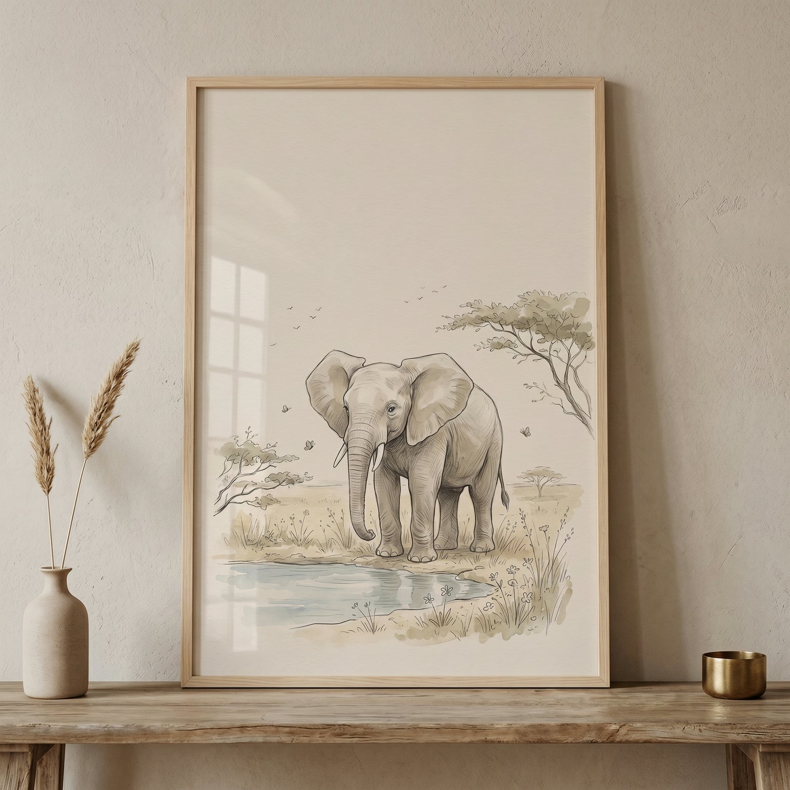 Vintage savanna elephant wall art featuring a watercolor elephant near a water hole, in a wooden frame on a table.
