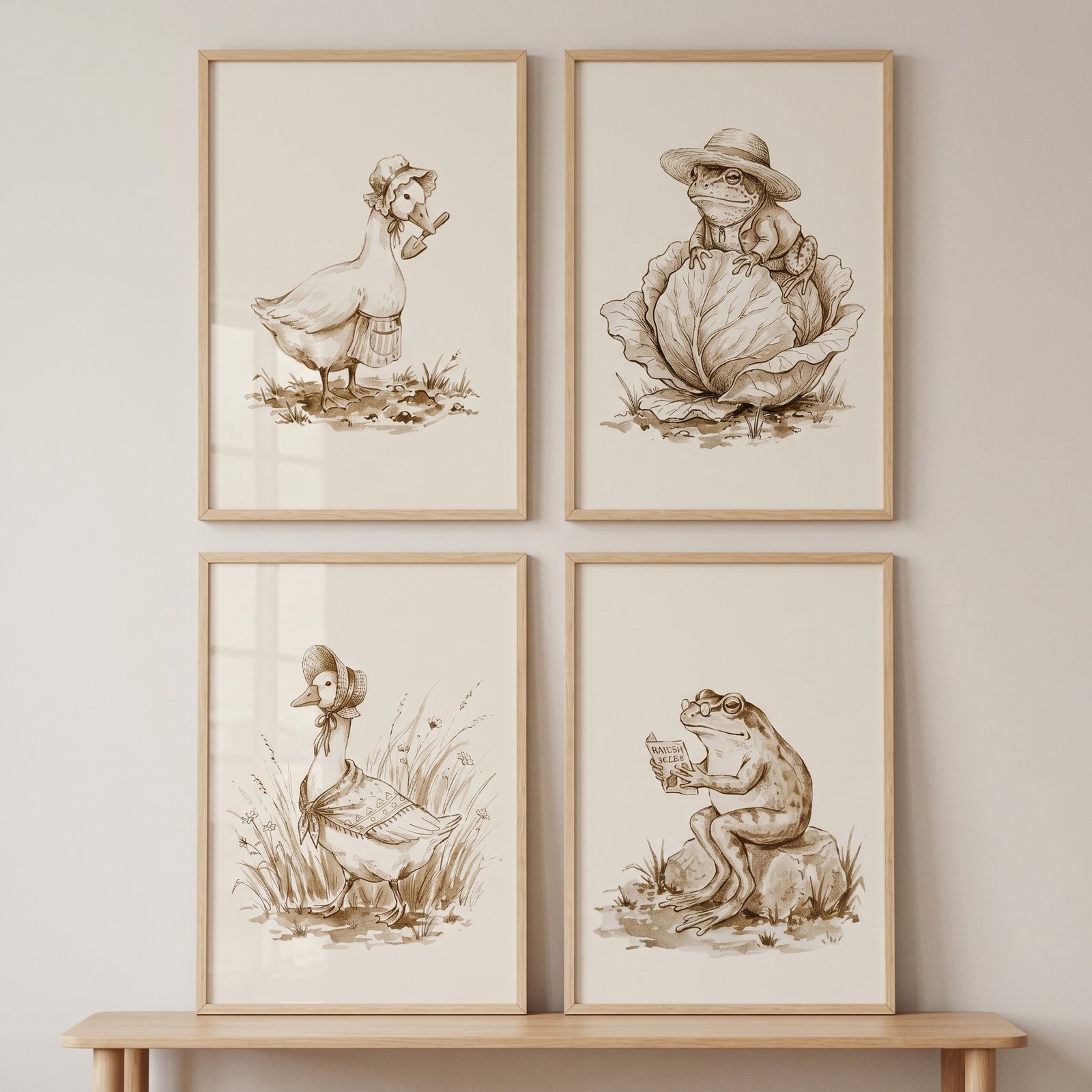 Vintage sepia garden animal wall art set of 4 features framed sketches of geese and frogs in bonnets and hats.