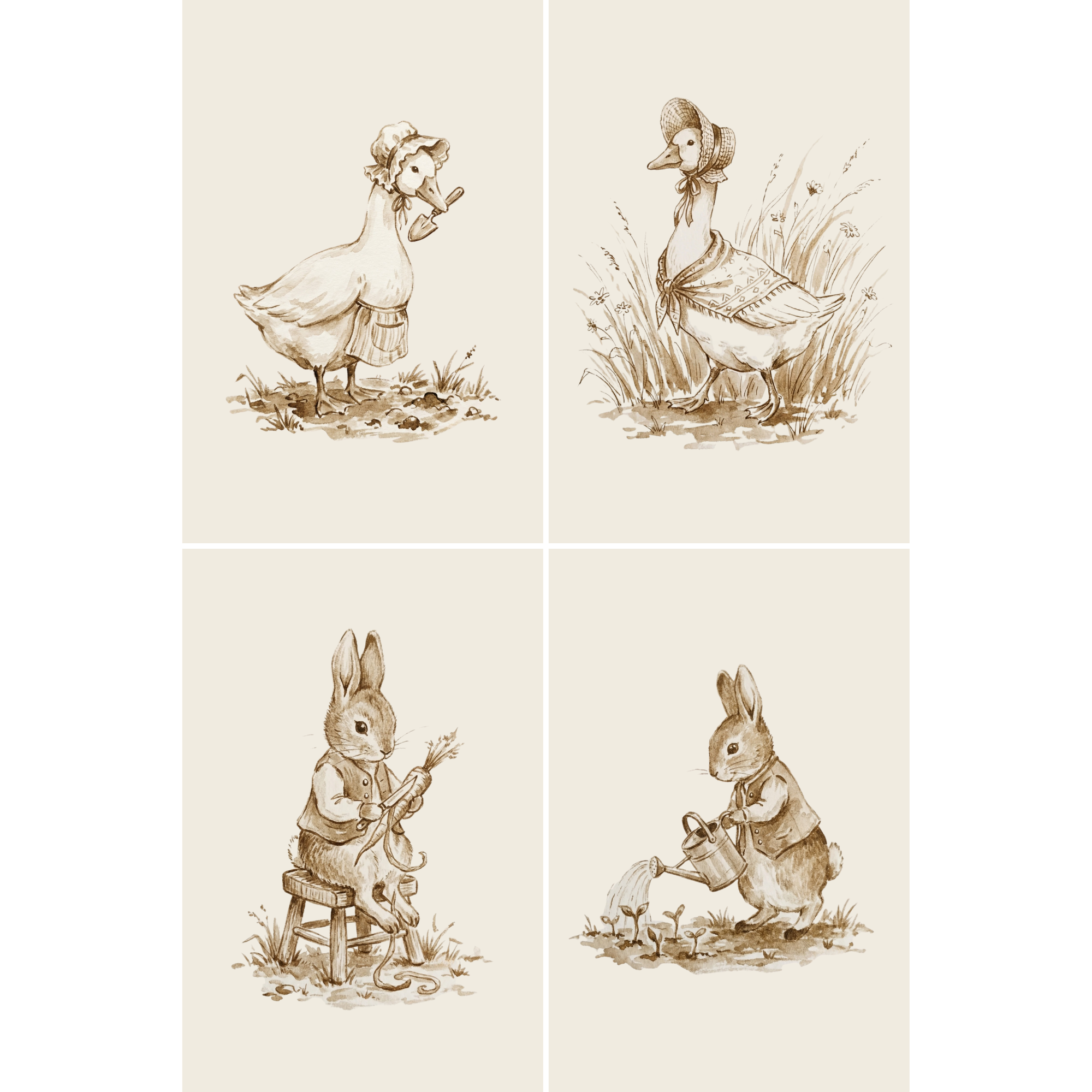 Vintage Sepia Garden Animal Wall Art Set of 4 - Vintage Garden Sketches