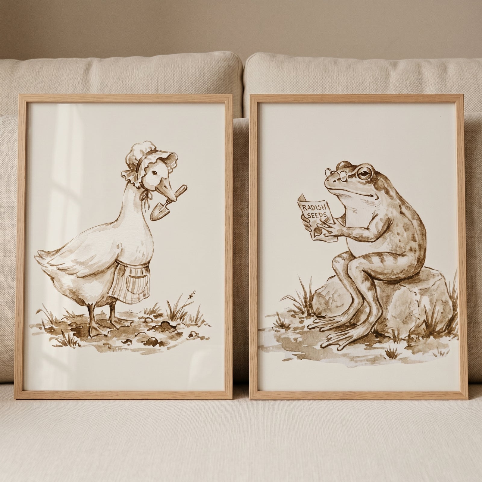 Vintage sepia gardening animal wall art set of 2 featuring a duck with a spade and a frog reading a radish seed packet.