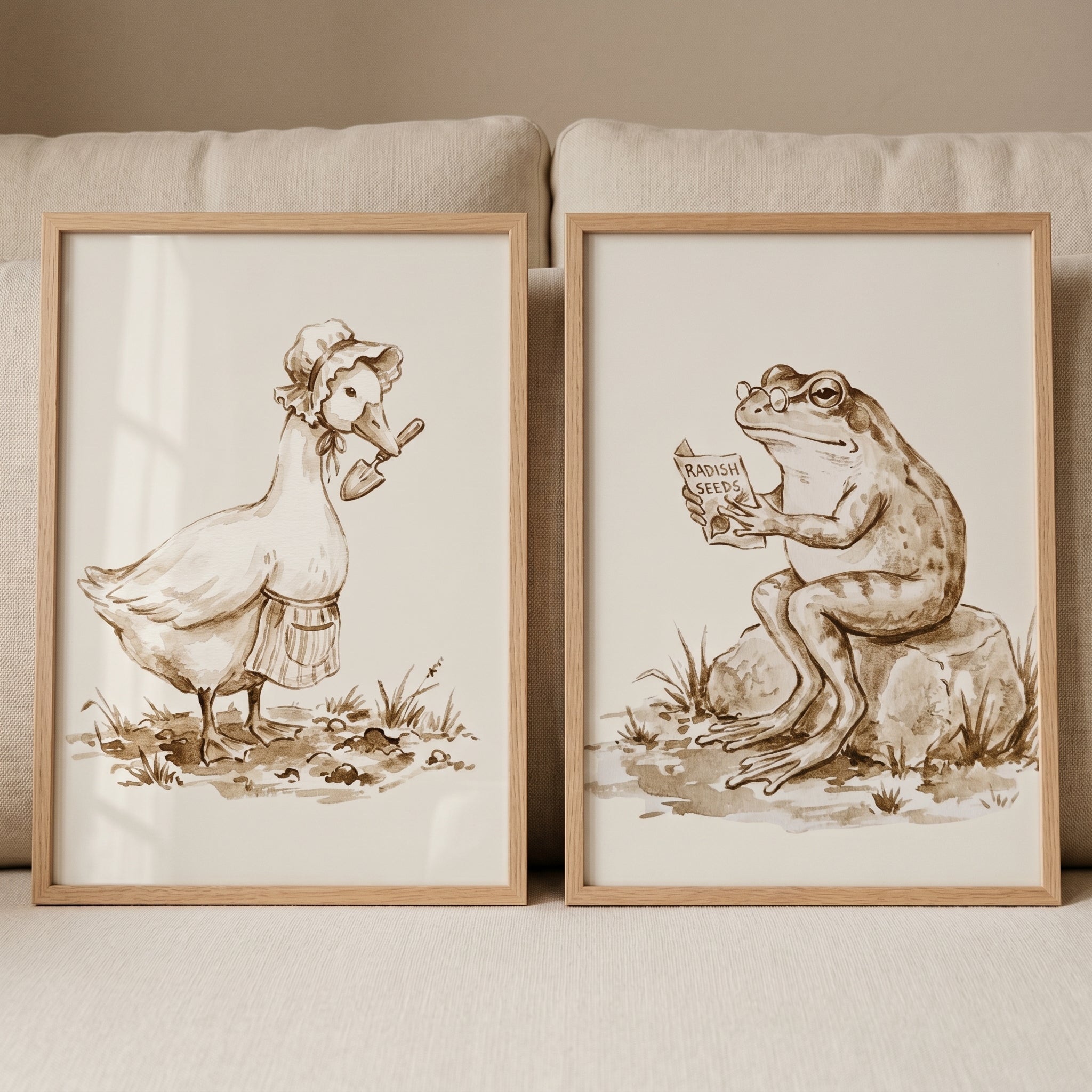 Vintage Sepia Gardening Animal Wall Art Set of 2 - Whimsical Garden Duo