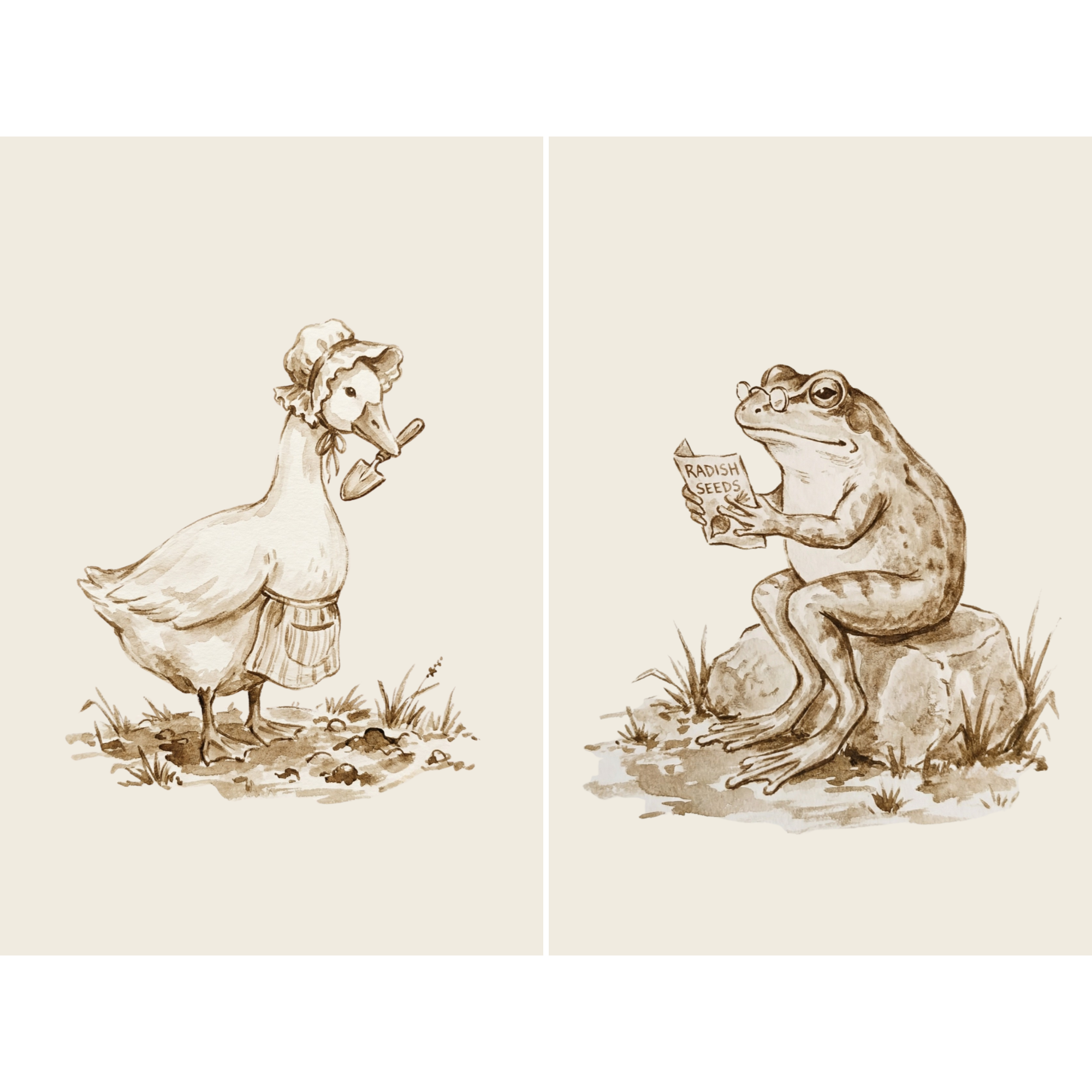 Vintage Sepia Gardening Animal Wall Art Set of 2 - Whimsical Garden Duo