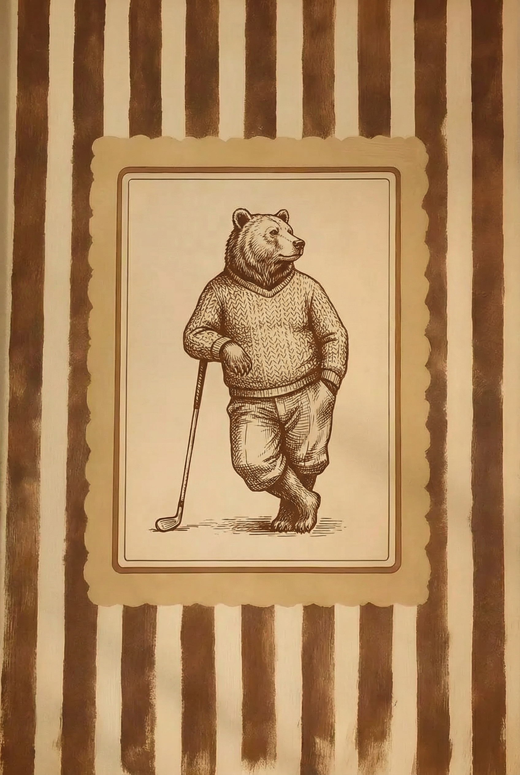 Vintage Sepia Golfing Bear Wall Art - The Golfing Grizzly