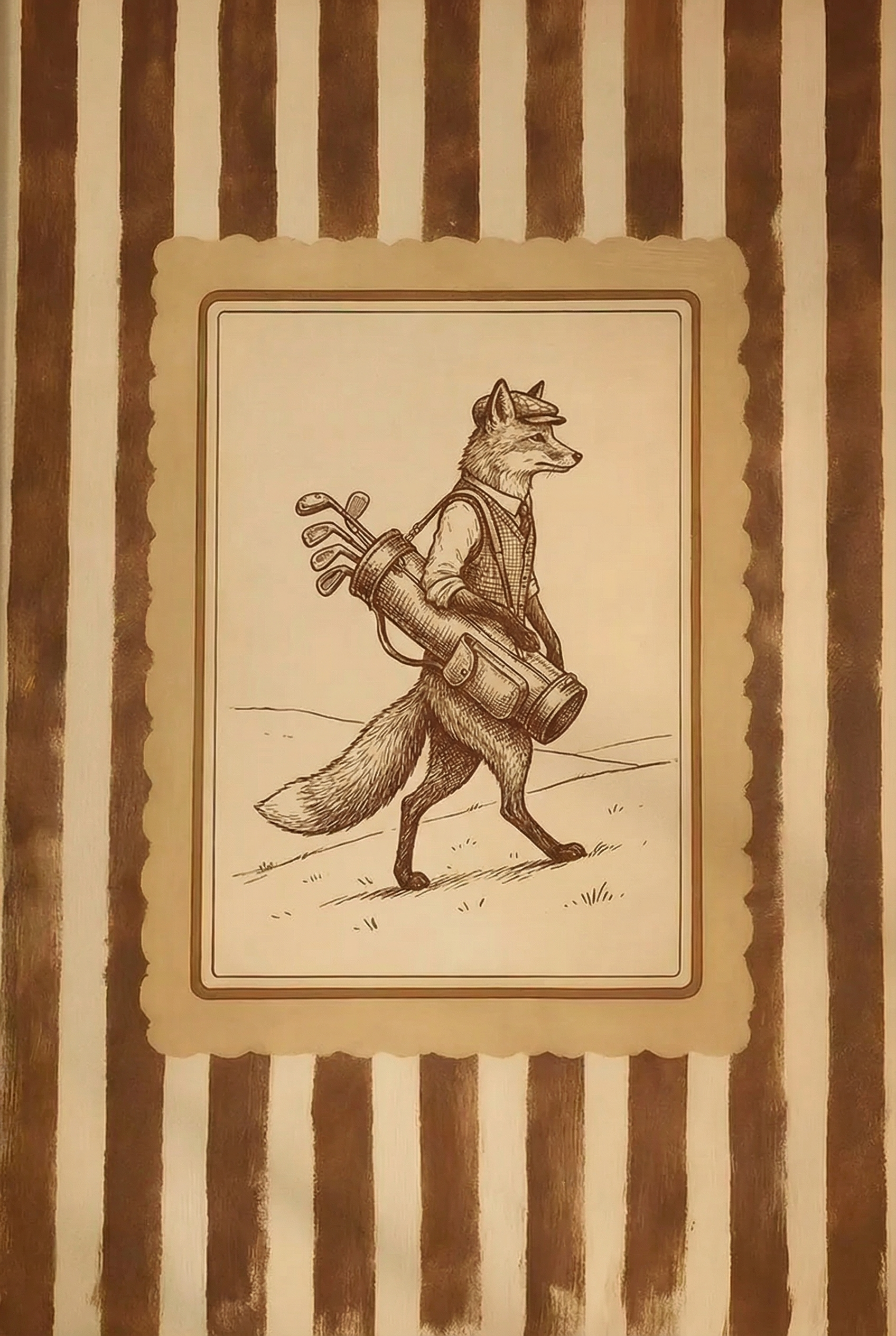 Vintage Sepia Golfing Fox Wall Art - Dapper Golfing Fox