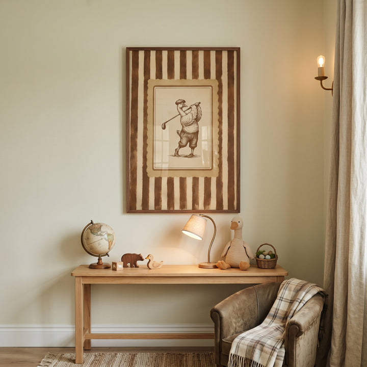 Striped vintage sepia golfing goose wall art on a green wall above a desk with a globe, lamp, and plaid throw on a chair.