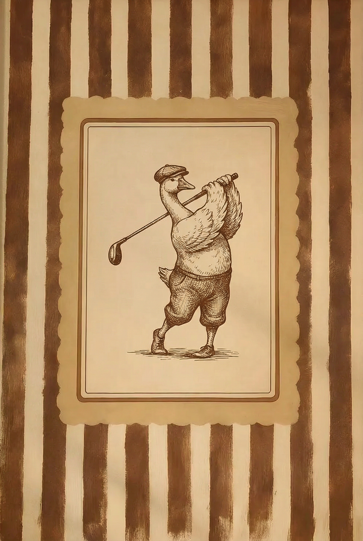 Vintage sepia golfing goose wall art shows a goose in a flat cap and knickers swinging a golf club over vertical stripes.