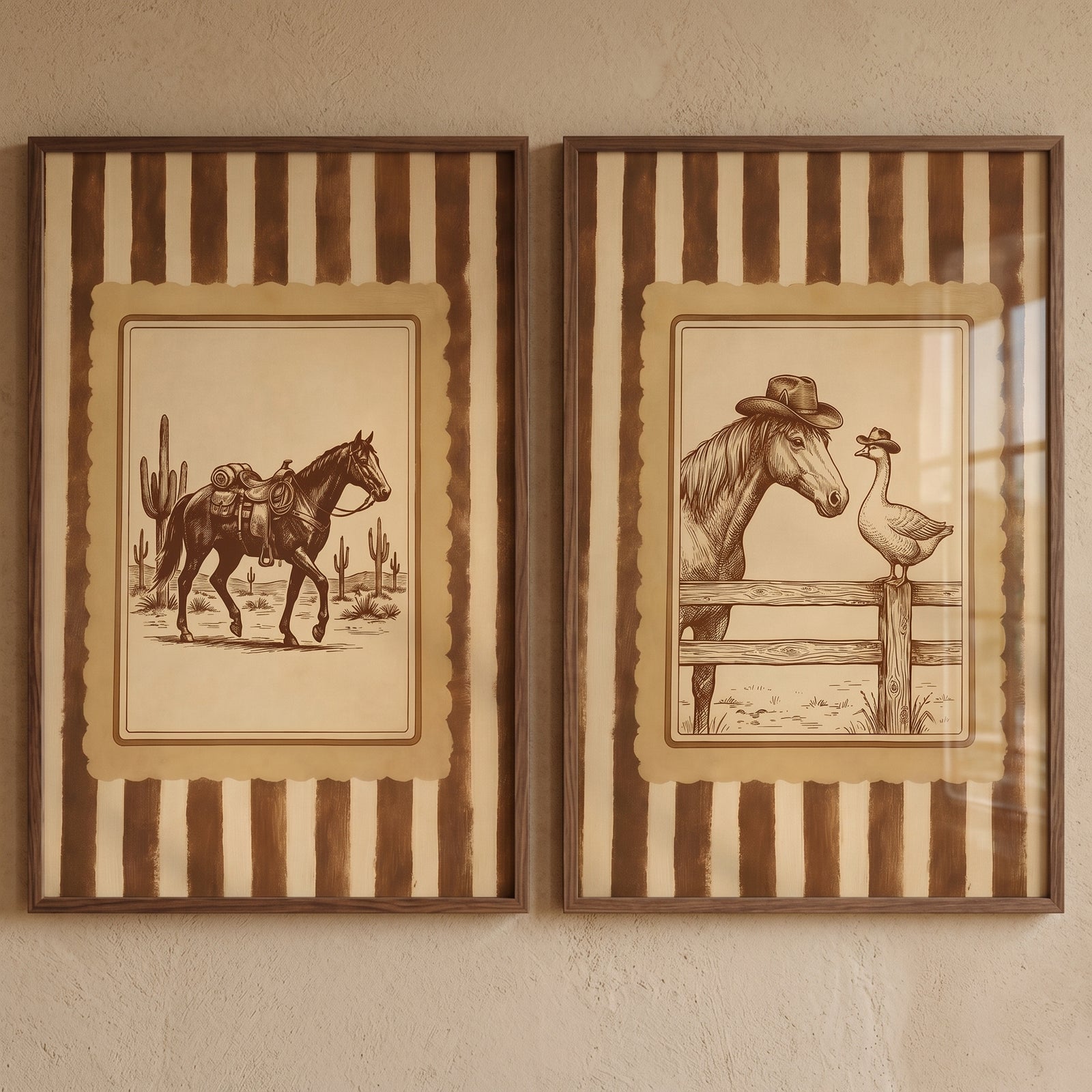 Vintage sepia horse wall art set of 2 showing a desert horse and a horse and duck wearing cowboy hats by a fence.