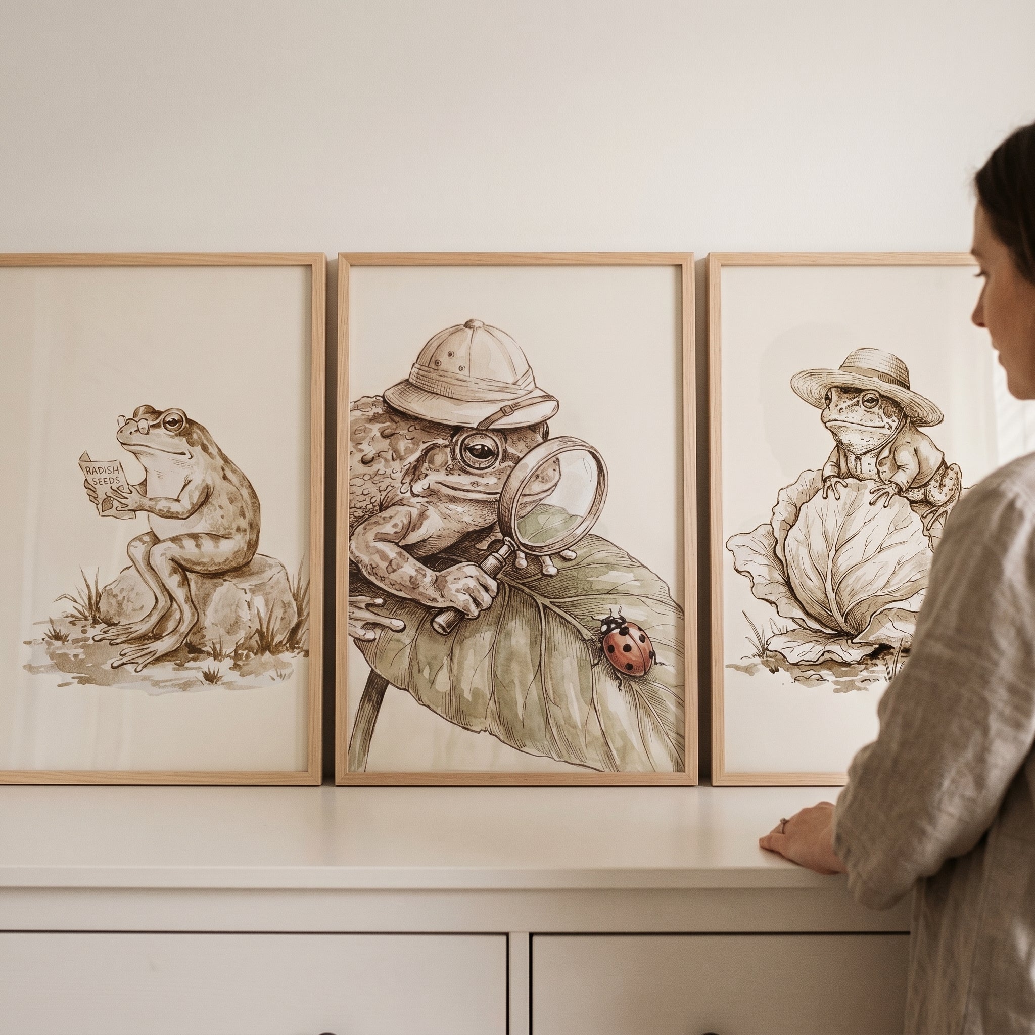 Vintage Sepia Sketch Frog Wall Art Set of 3 - Garden Toad Trio