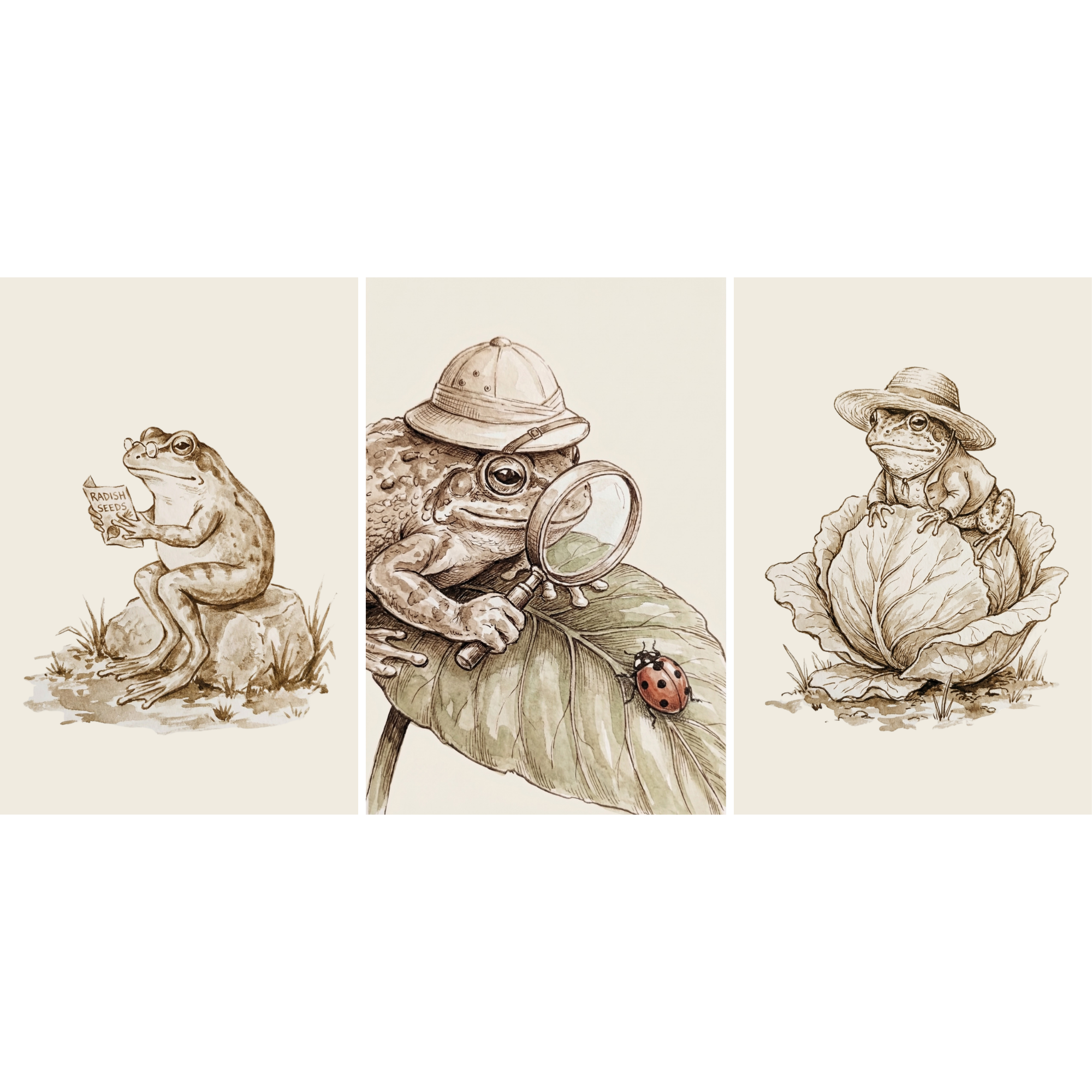 Vintage Sepia Sketch Frog Wall Art Set of 3 - Garden Toad Trio