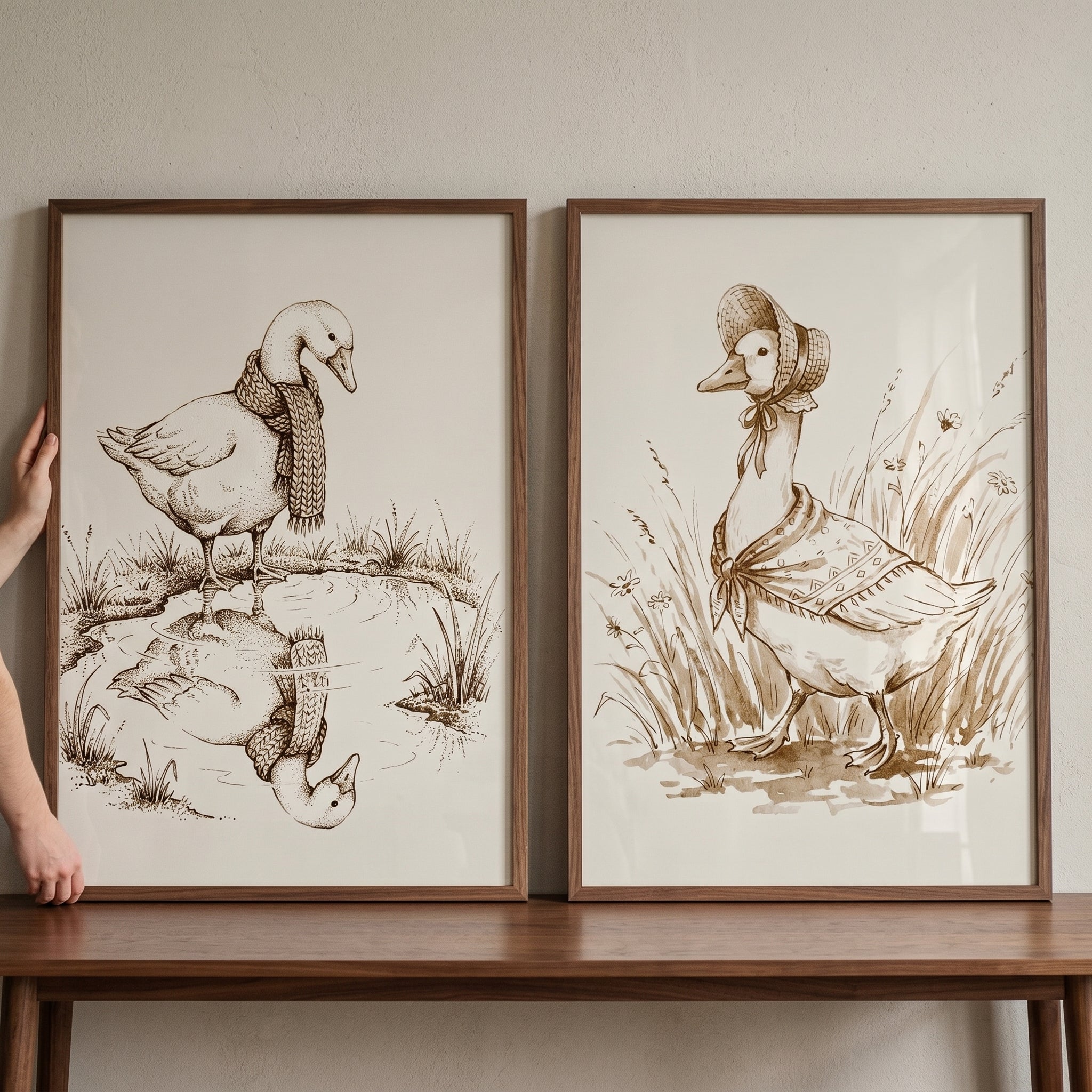 Vintage Sepia Sketched Goose Wall Art Set of 2 - Vintage Duck Sketches