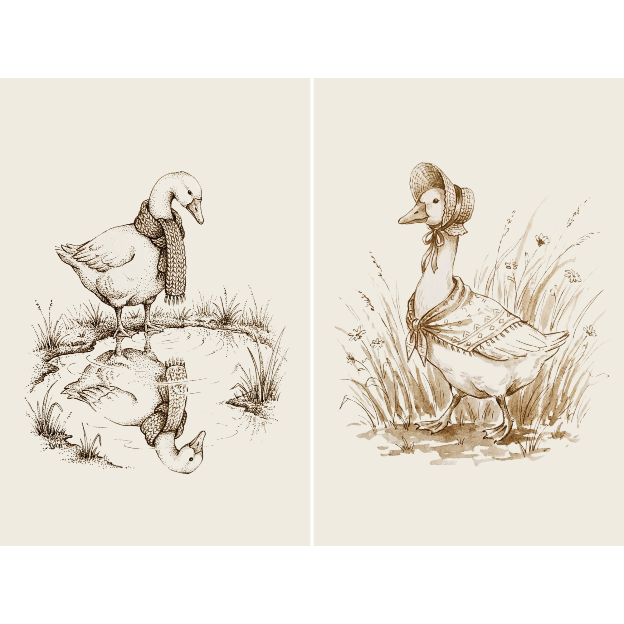 Vintage Sepia Sketched Goose Wall Art Set of 2 - Vintage Duck Sketches
