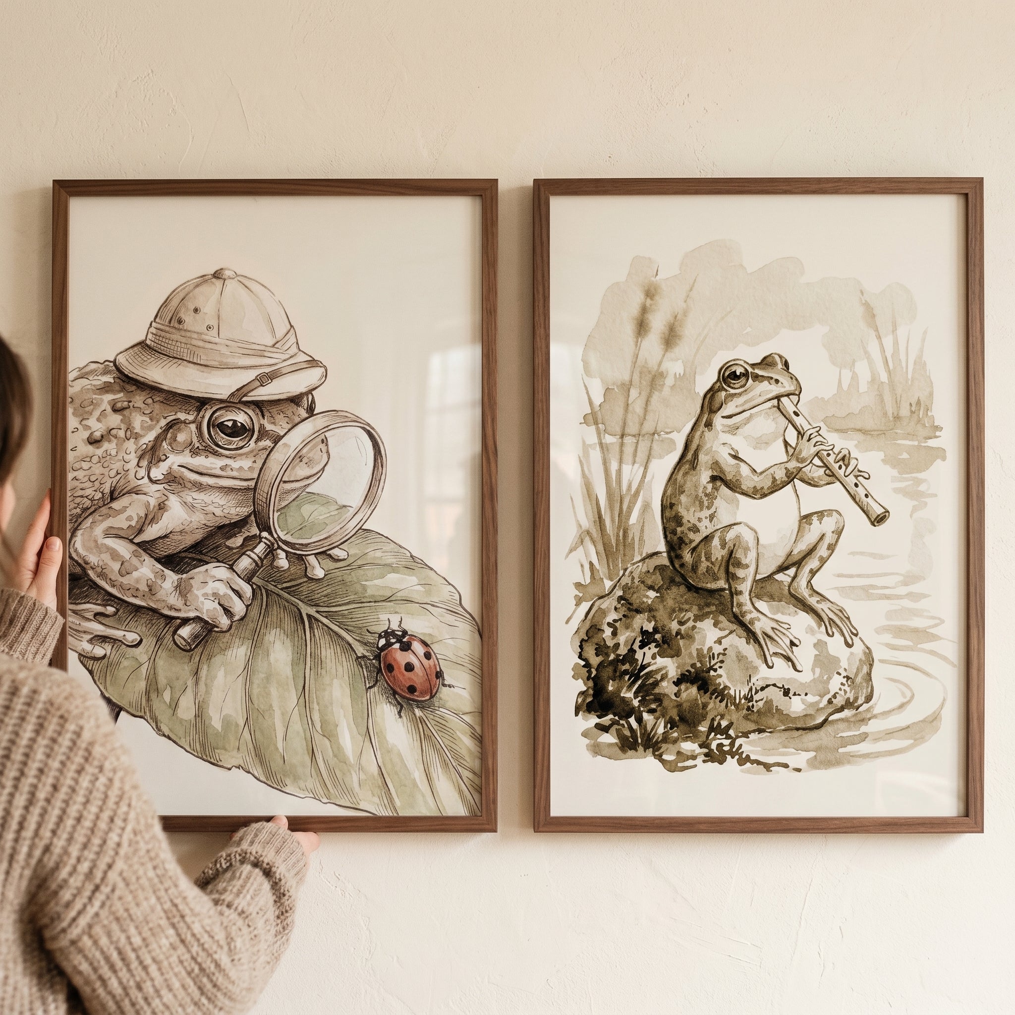 Vintage Sepia Storybook Frog Wall Art Set of 2 - Whimsical Toad Tales