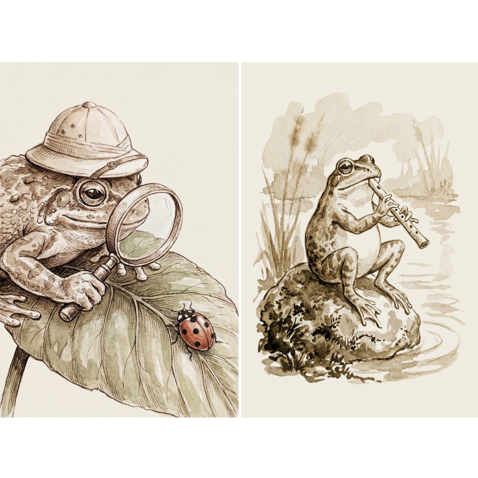Vintage Sepia Storybook Frog Wall Art Set of 2 - Whimsical Toad Tales
