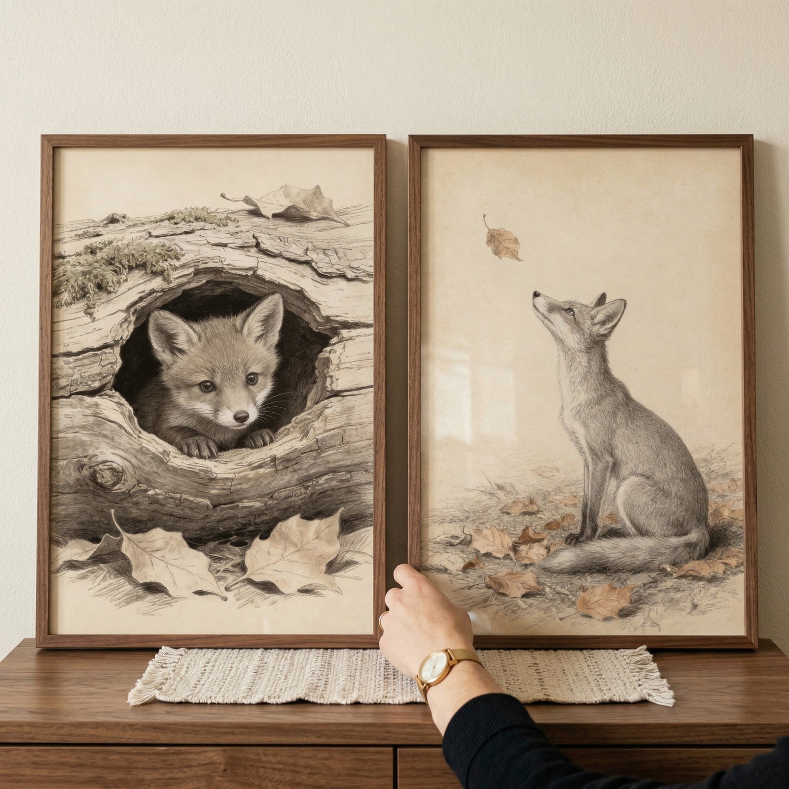 Vintage sketch fox wall art set of 2 showing a fox cub in a log and an adult fox looking up at a leaf.