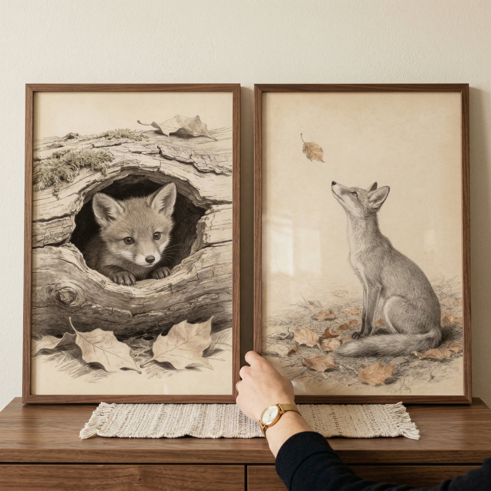 Vintage Sketch Fox Wall Art Set of 2 - Forest Cub Tales