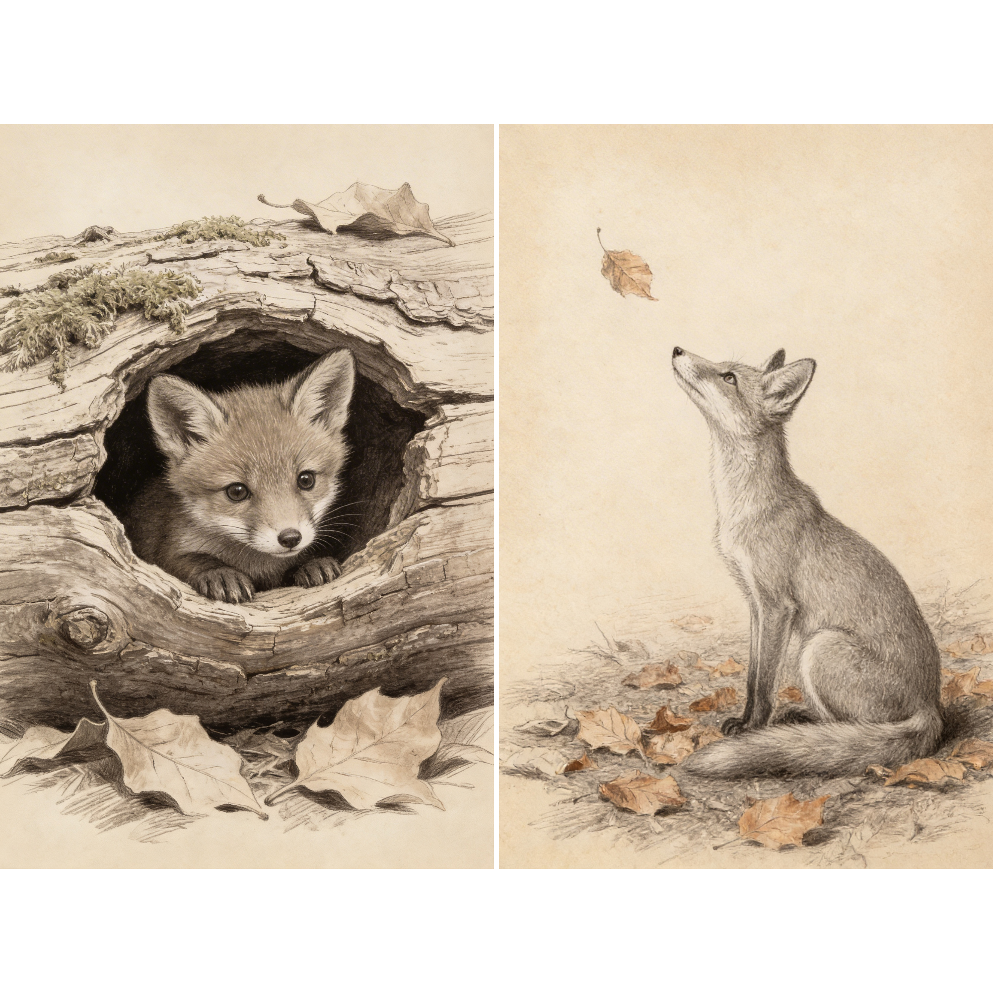 Vintage Sketch Fox Wall Art Set of 2 - Forest Cub Tales