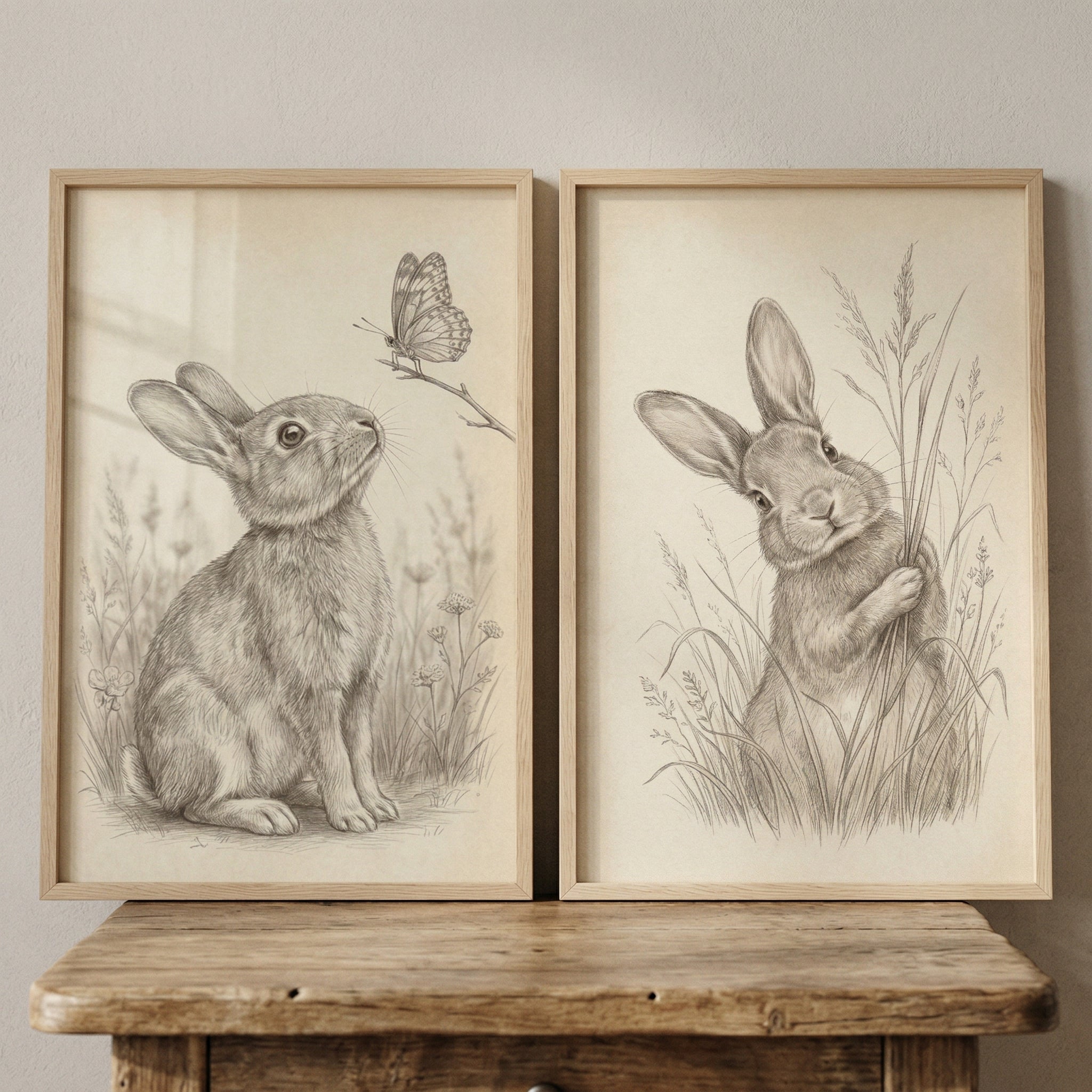 ★Original ART  ‘RABBIT' Vintage Sketch Neutral Rabbit Wall Art Set of 2