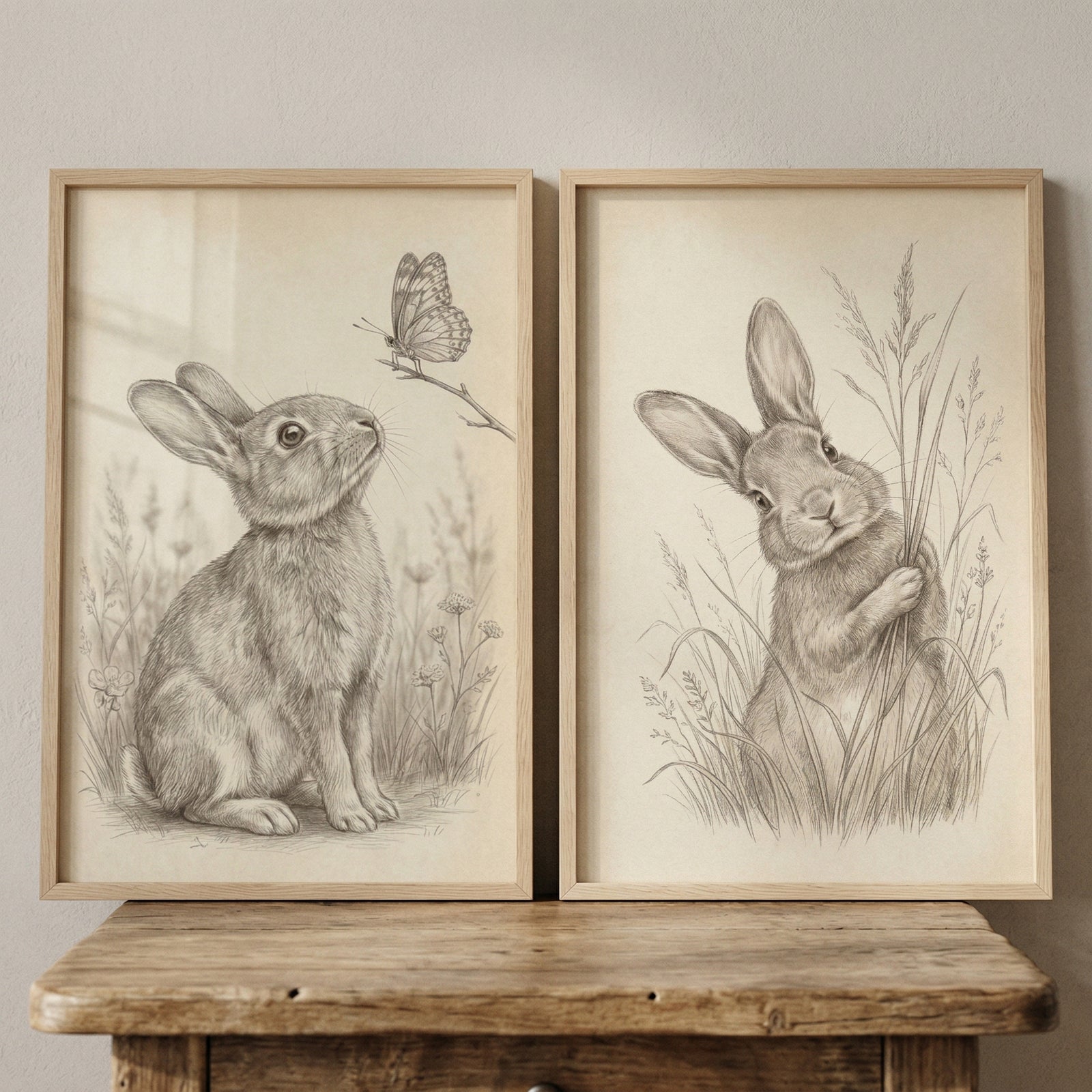 Two pencil sketches of bunnies with a butterfly and grass, vintage sketch neutral rabbit wall art set of 2.