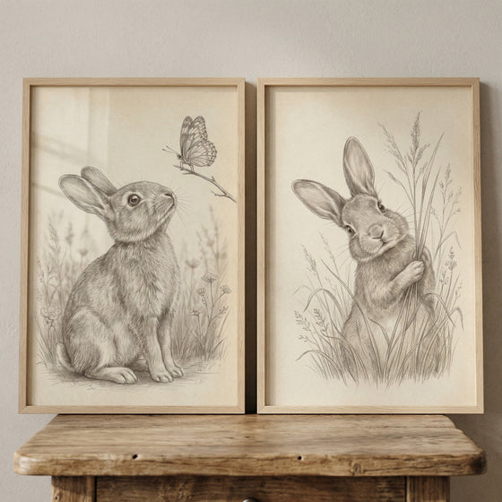 Two pencil sketches of bunnies with a butterfly and grass, vintage sketch neutral rabbit wall art set of 2.
