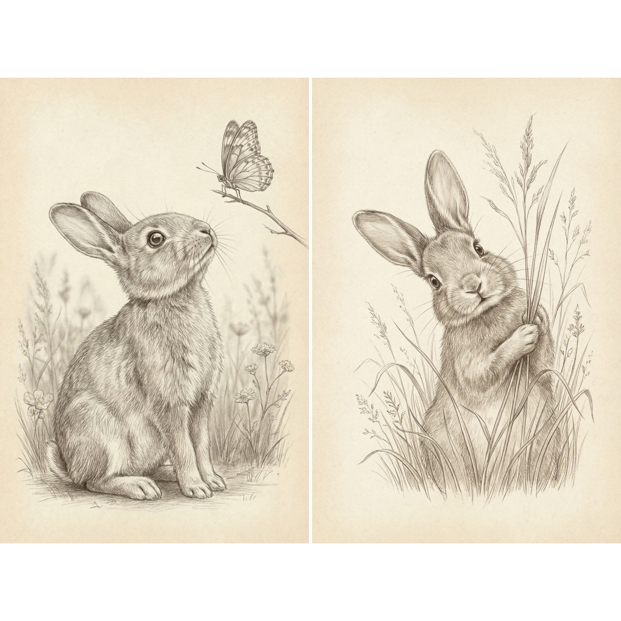 Vintage Sketch Neutral Rabbit Wall Art Set of 2 - Vintage Bunny Sketches