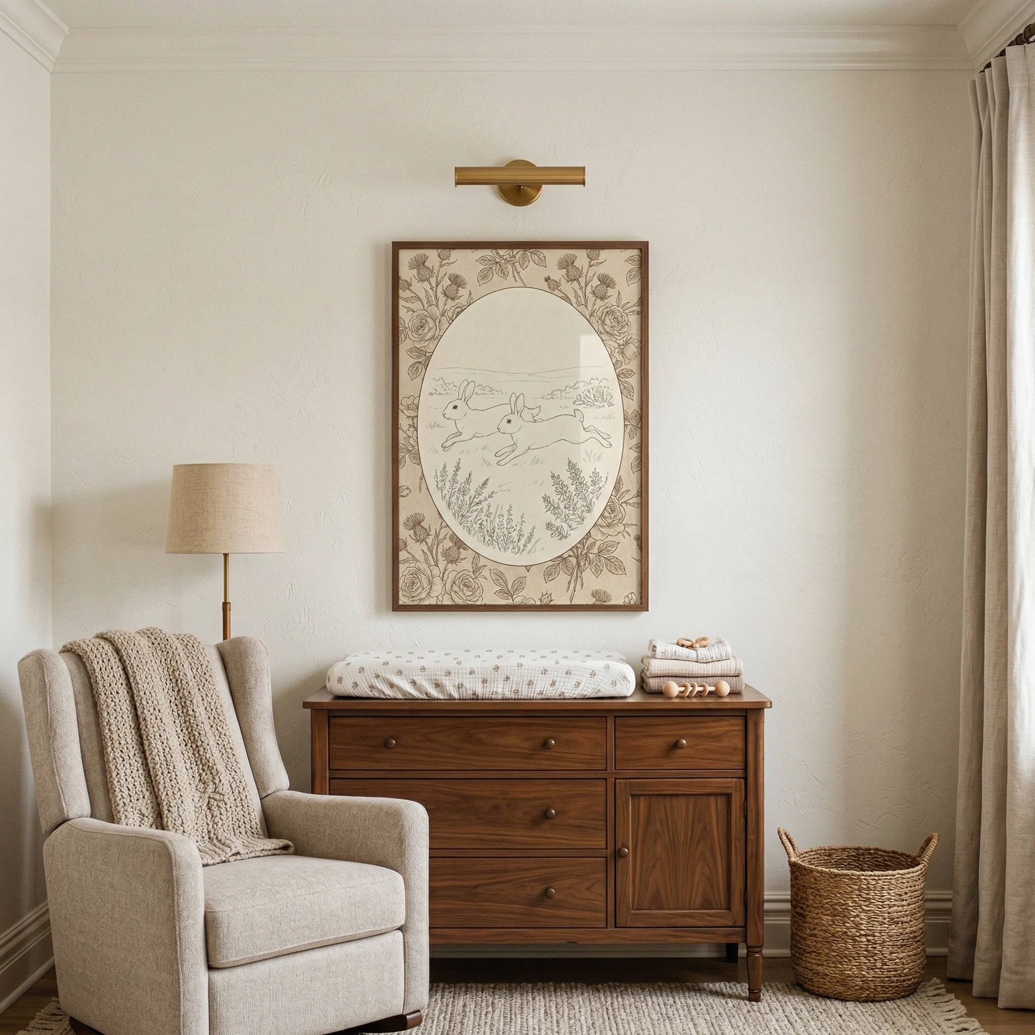 Warm and neutral nursery corner with a cushioned armchair, wooden dresser, and woven basket beneath a framed illustration of two rabbits running through a field surrounded by floral details. The soft tones and vintage style artwork create a calm and cozy atmosphere in the space.