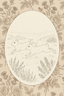 A vintage-style sepia illustration features a central oval scene framed by a dense border of flora. Within the oval, two hares are depicted mid-leap, running across a grassy landscape with rolling hills in the distance and small sprigs of vegetation in the foreground. The surrounding border is an intricate pattern of prickly thistles and roses with detailed leaves. The entire image is created with delicate, fine-line drawing on a light cream background.