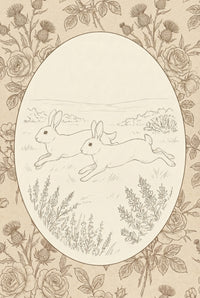 A vintage-style sepia illustration features a central oval scene framed by a dense border of flora. Within the oval, two hares are depicted mid-leap, running across a grassy landscape with rolling hills in the distance and small sprigs of vegetation in the foreground. The surrounding border is an intricate pattern of prickly thistles and roses with detailed leaves. The entire image is created with delicate, fine-line drawing on a light cream background.