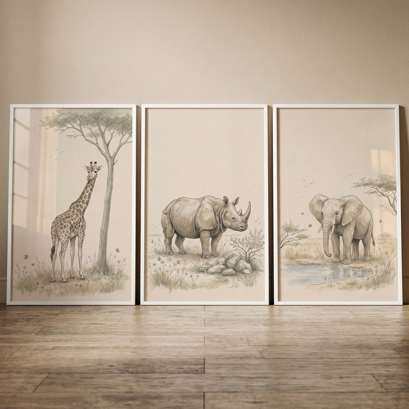 Framed vintage sketch safari animals wall art set of 3 featuring a giraffe, rhino, and elephant in muted colors.
