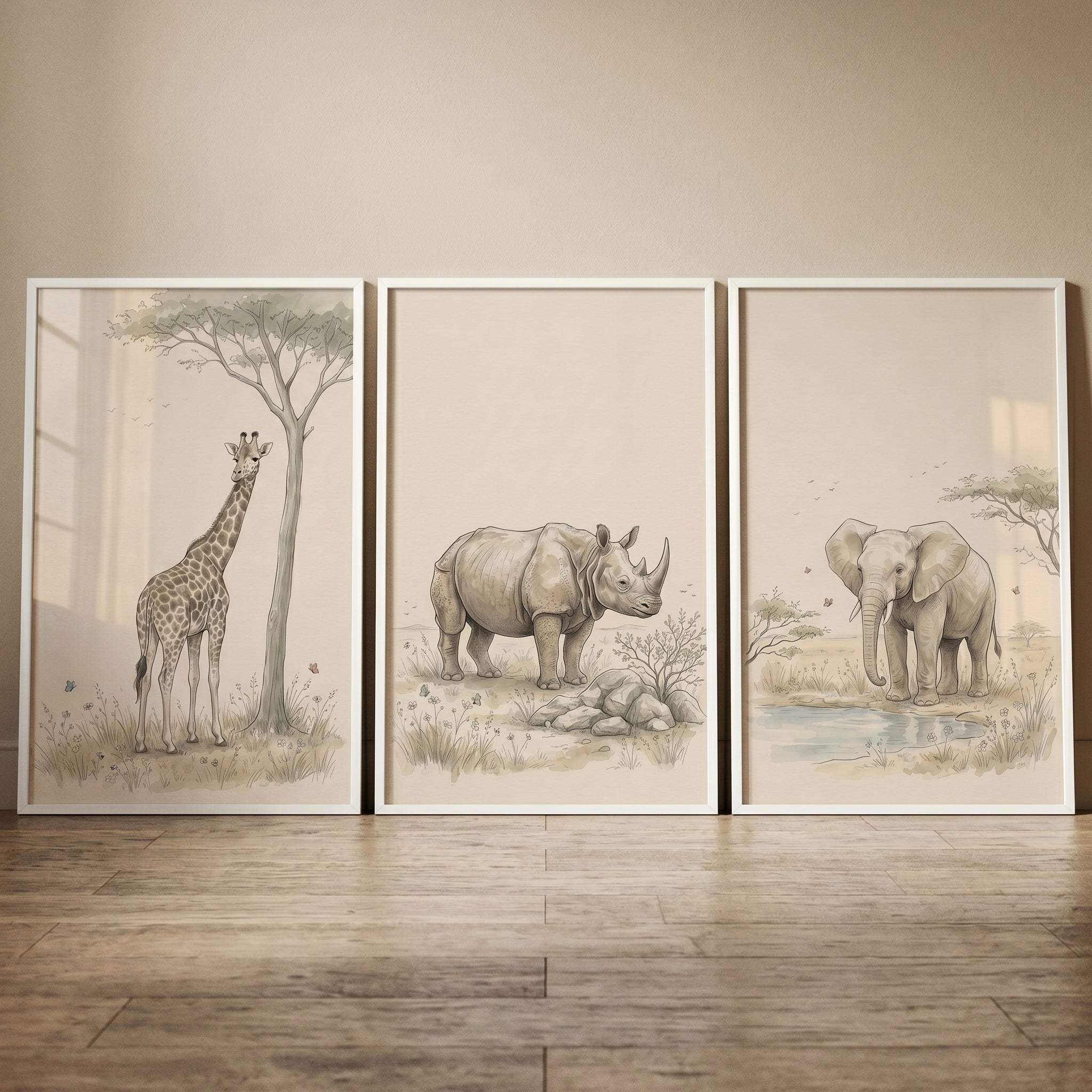 Vintage Sketch Safari Animals Wall Art Set of 3 - Gentle Safari Giants