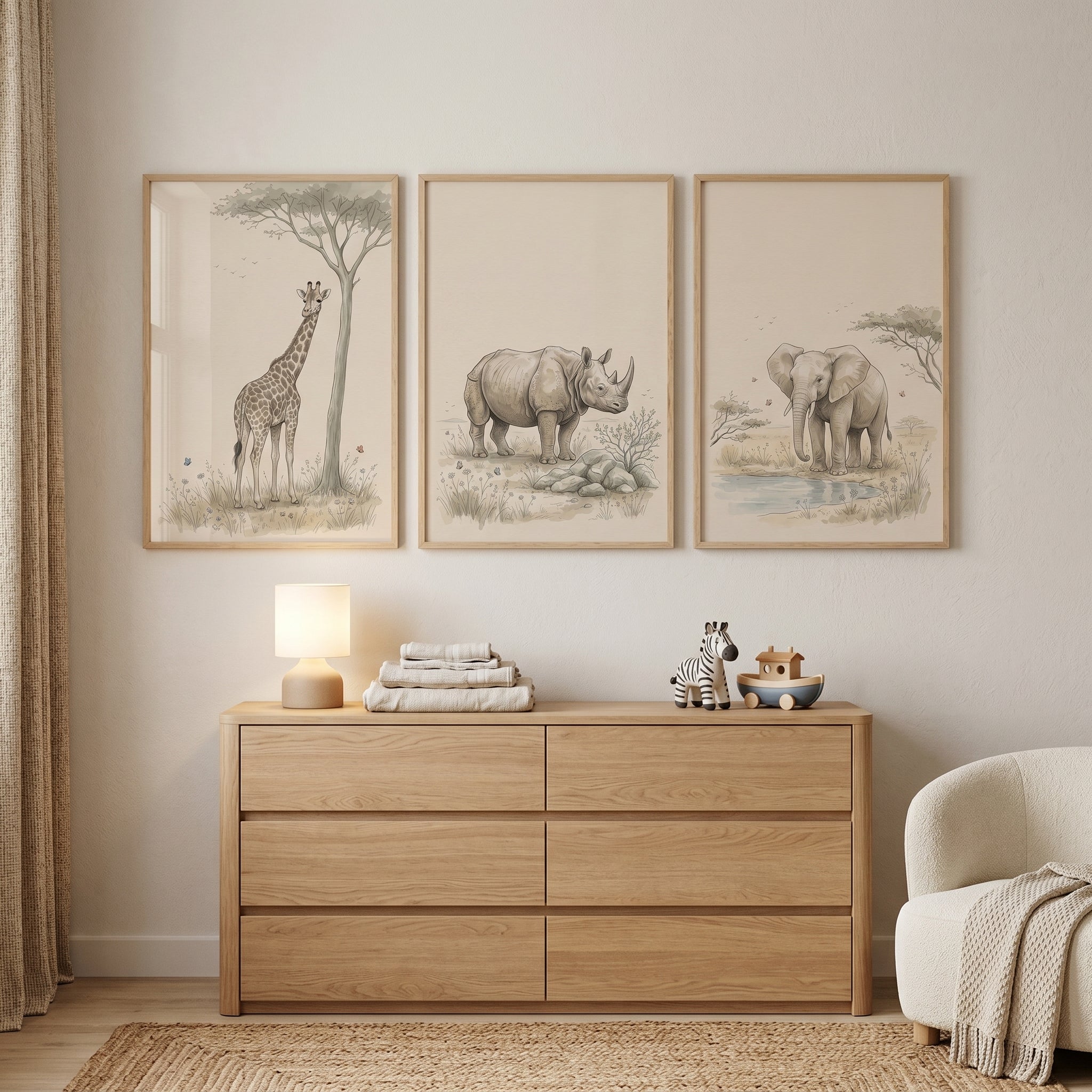 Vintage Sketch Safari Animals Wall Art Set of 3 - Gentle Safari Giants