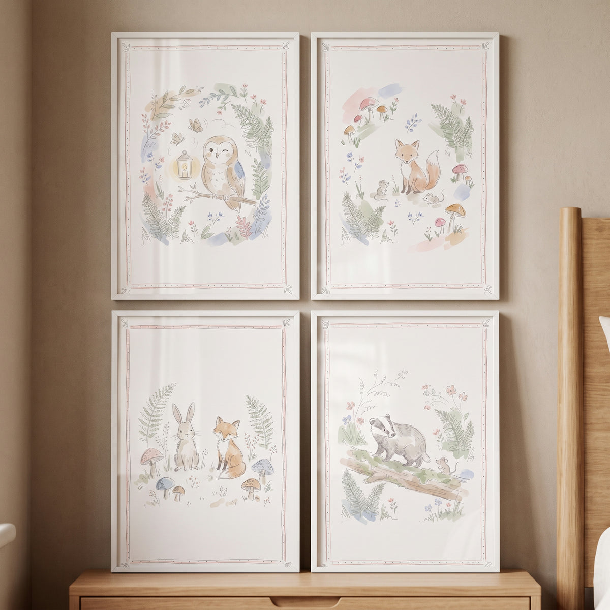 Vintage sketchbook woodland animal wall art set of 4 featuring an owl, fox, rabbit, and badger in a soft watercolor style.