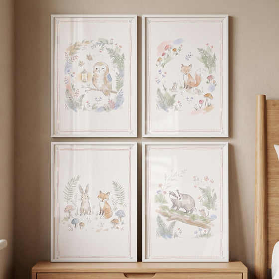 Vintage sketchbook woodland animal wall art set of 4 featuring an owl, fox, rabbit, and badger in a soft watercolor style.