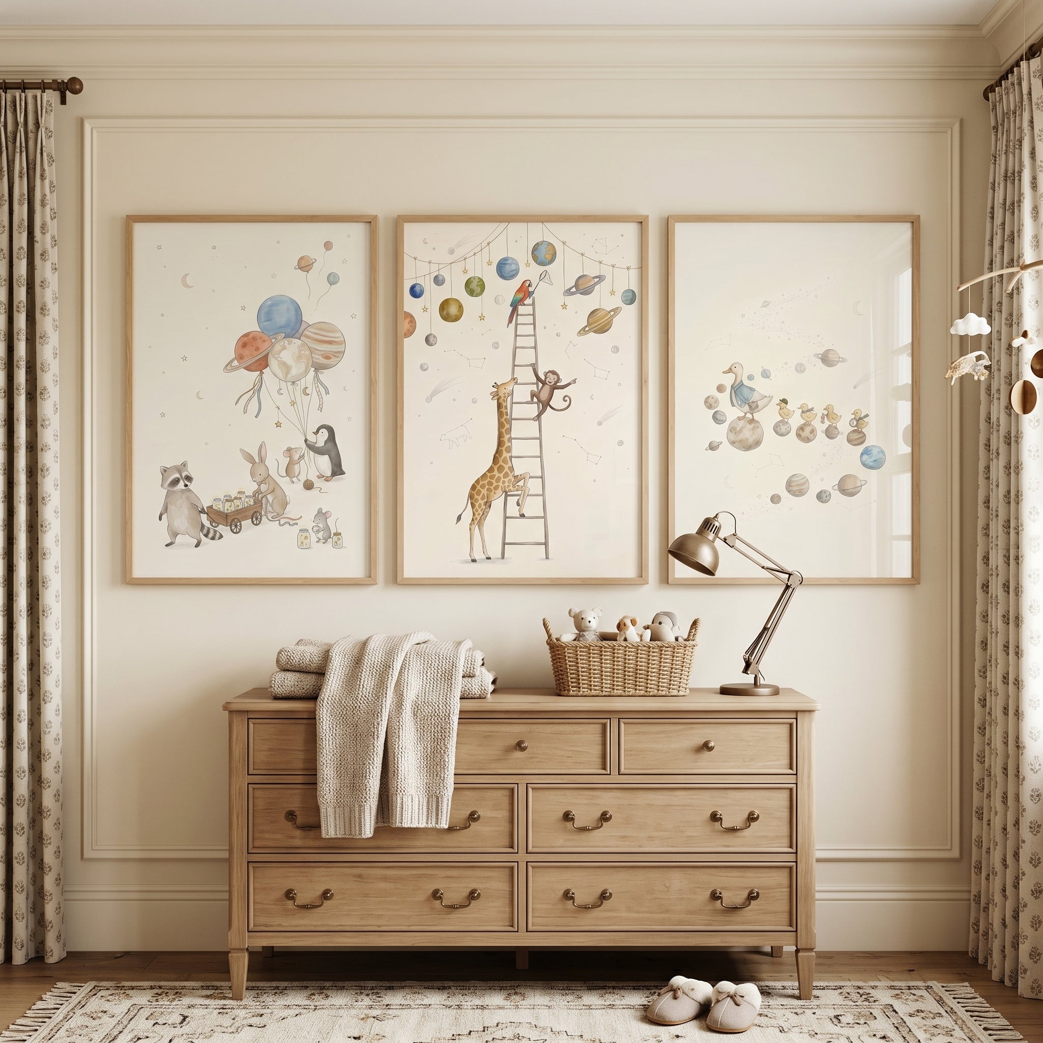 Vintage Solar System Animals Wall Art Set of 3 - Stellar Nursery Art