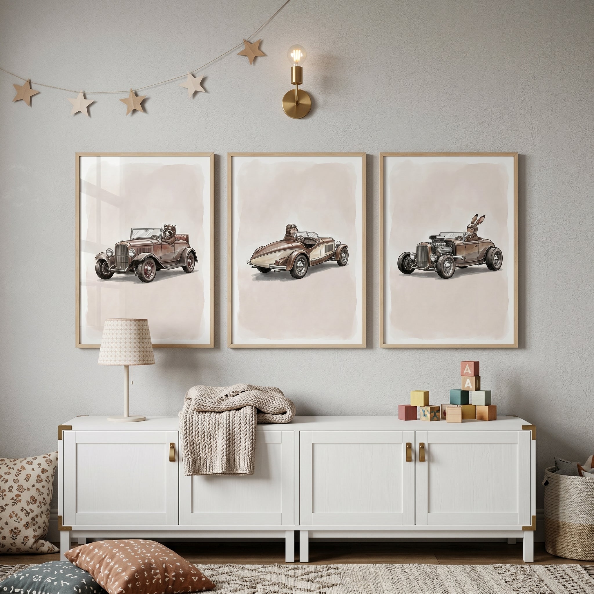 Vintage Speedster Driving Animal Wall Art Set of 3 - Classic Critter Cars
