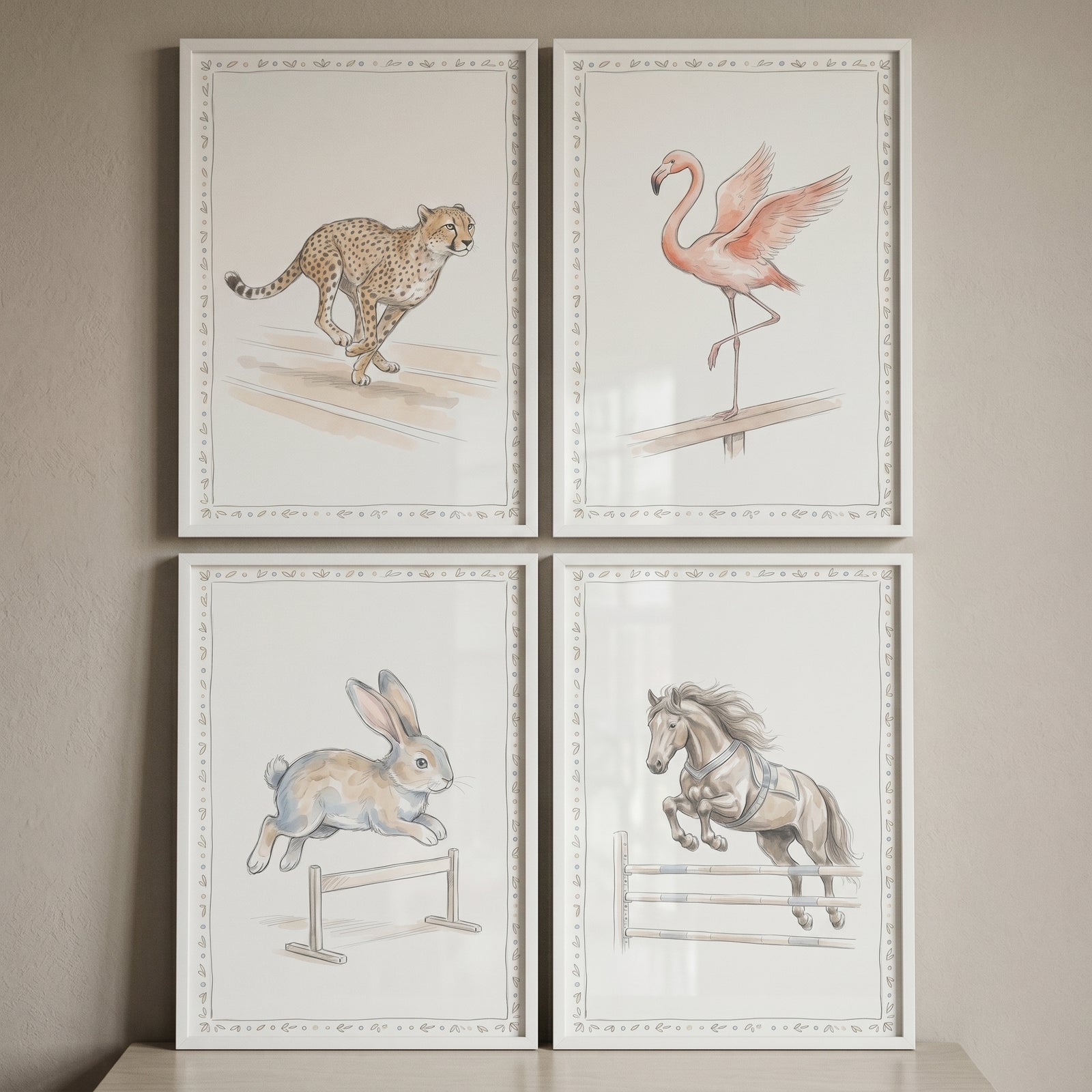 Vintage sporting animals wall art set of 4 featuring a racing cheetah, flamingo on a beam, jumping rabbit, and show horse.