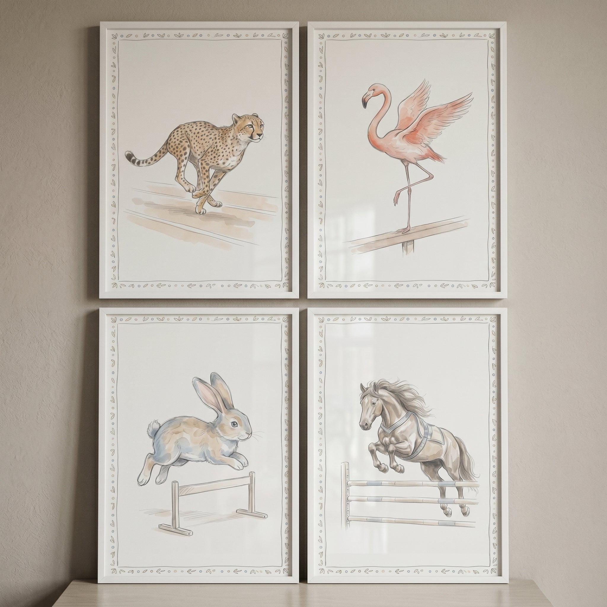 Vintage Sporting Animals Wall Art Set of 4 - Active Wildlife Prints