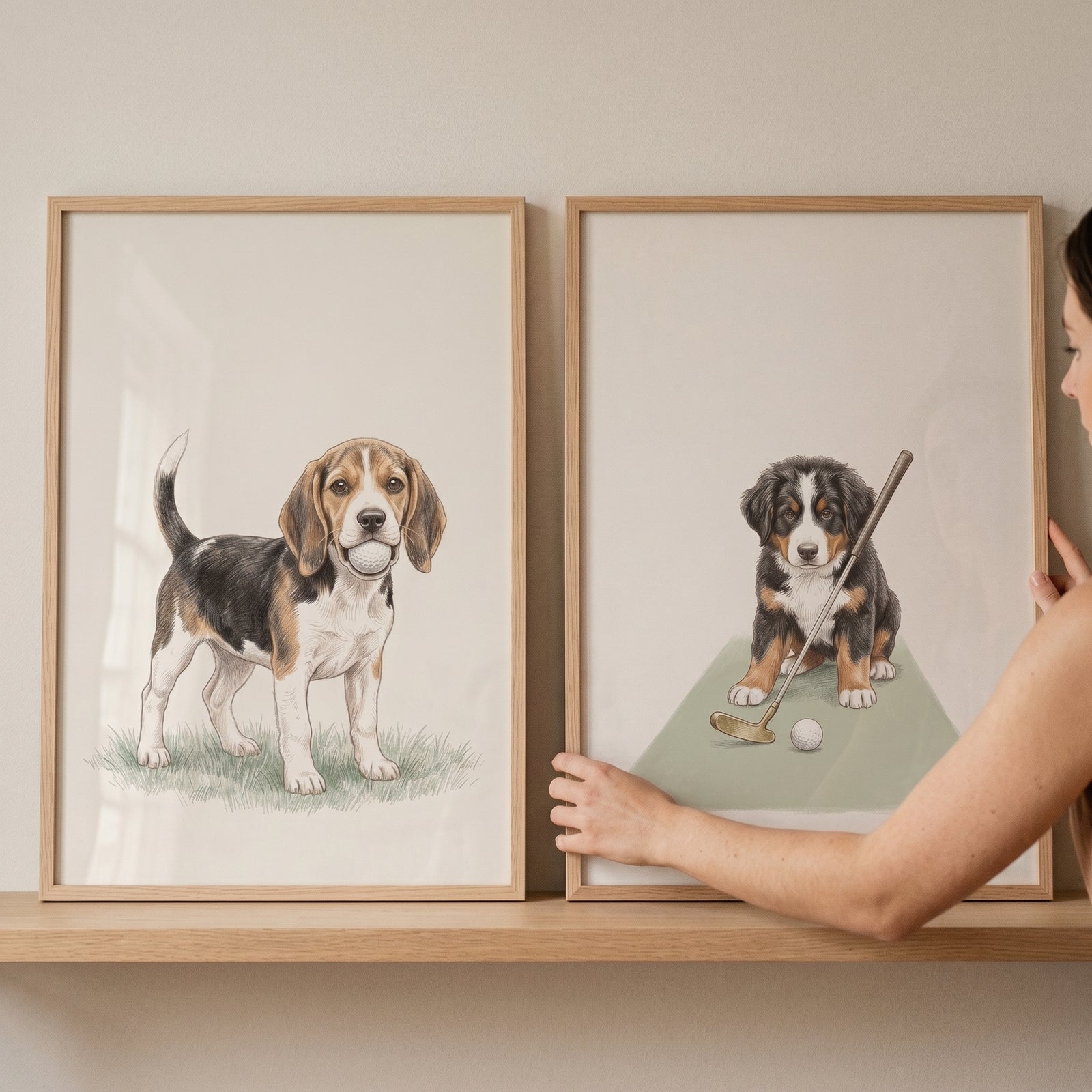 Vintage sporting golfing puppies wall art set of 2 featuring a beagle with a tennis ball and a puppy with a golf club.