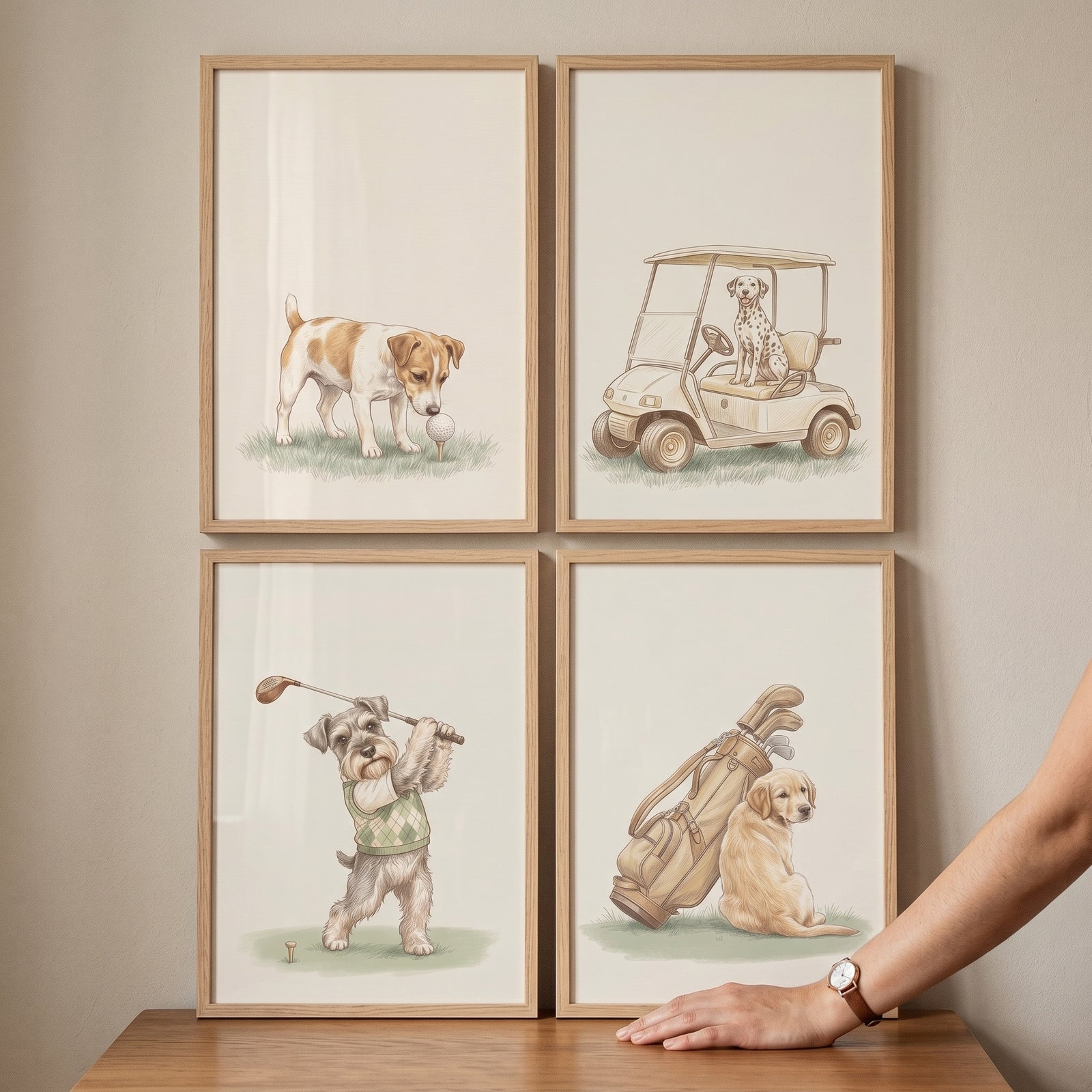 Vintage sports golfing dogs wall art set of 4 features illustrated dogs with golf carts, balls, and gear in wood frames.