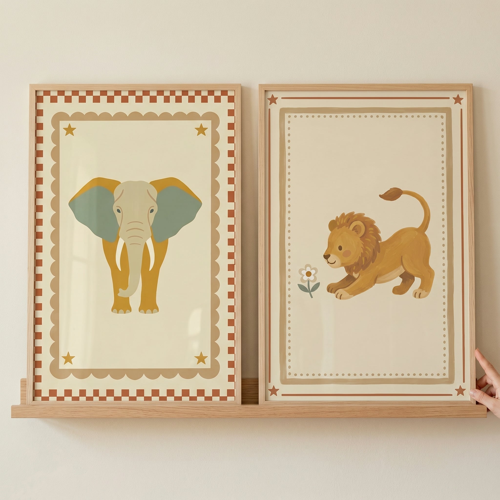 Vintage Star Safari Animals Wall Art Set of 2 - Savanna Nursery Duo
