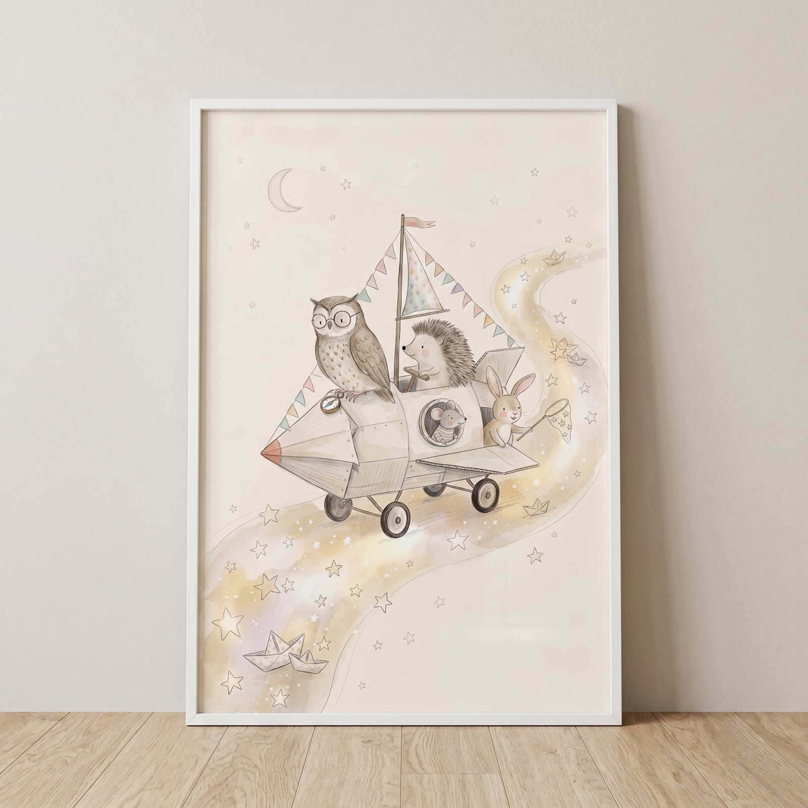 Woodland animals pilot a whimsical winged craft through the sky in this vintage starry adventure animals wall art.
