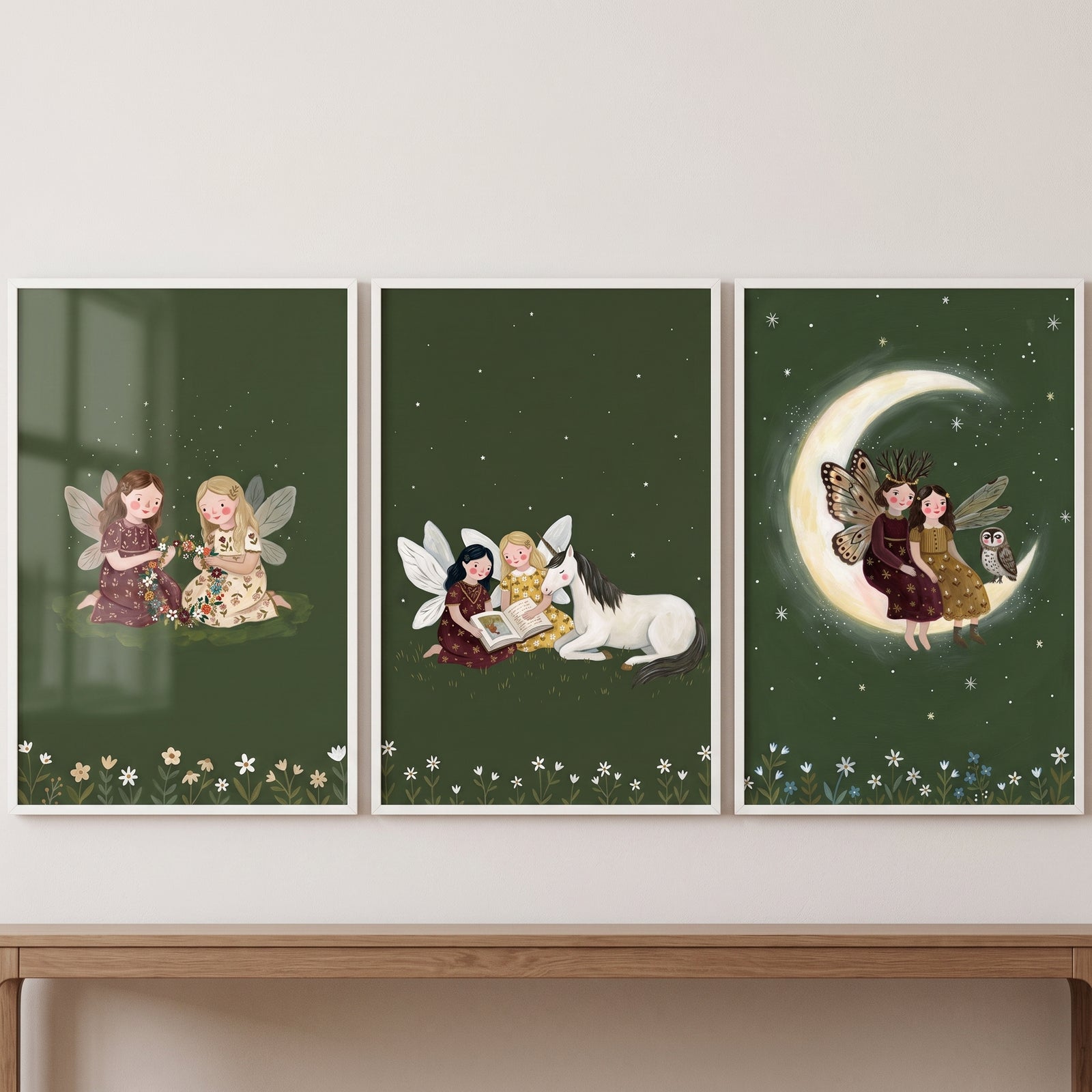 Fairies with a horse and owl on a crescent moon feature in this vintage starry night fairies wall art set of 3.