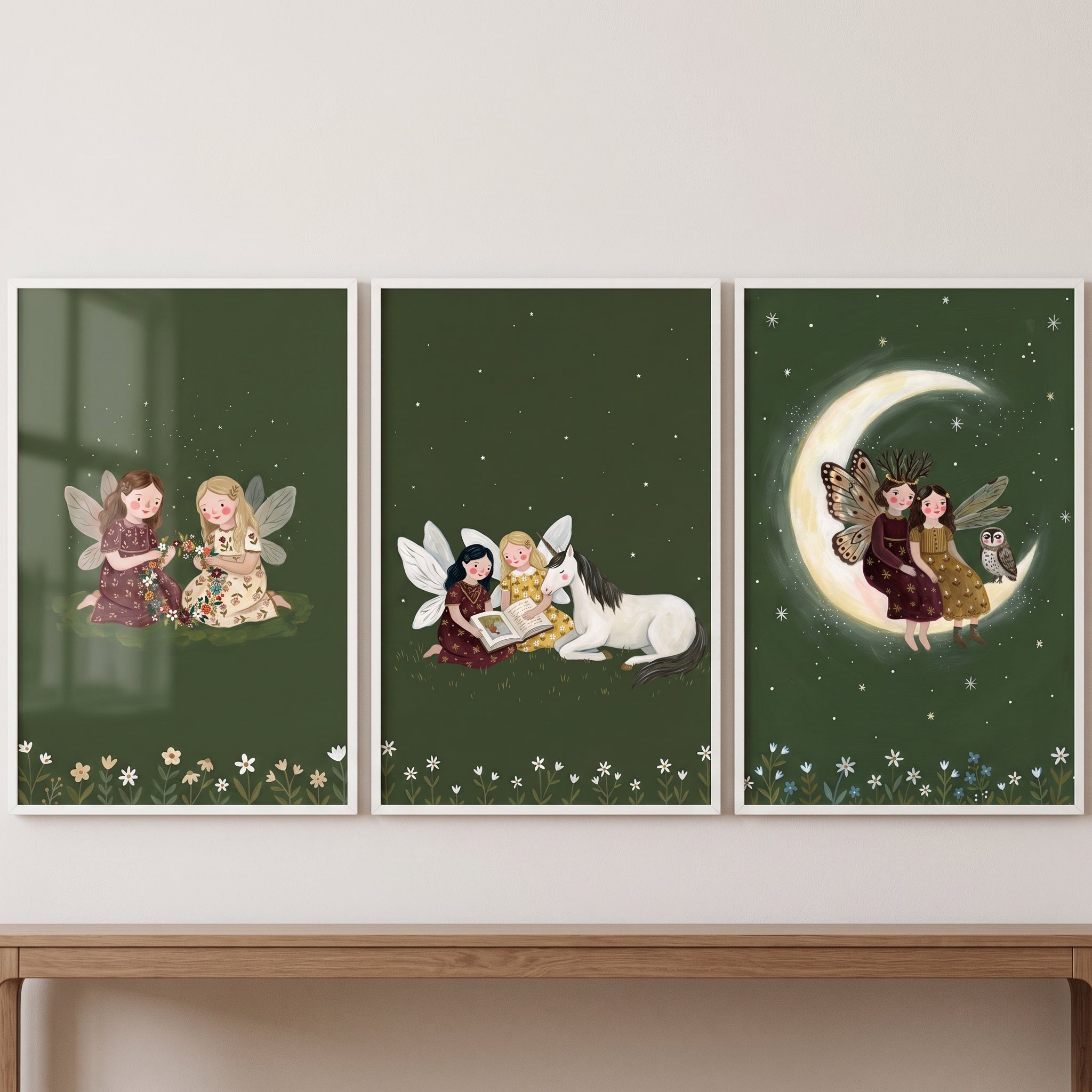 Vintage Starry Night Fairies Wall Art Set of 3 - Moonlit Fairy Tales