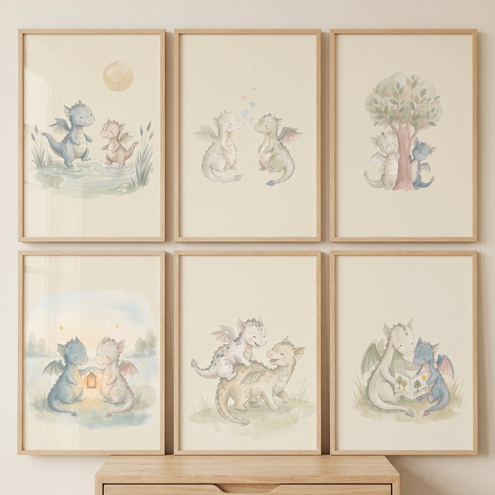 Vintage storybook baby dragons wall art set of 6 in light wood frames featuring soft watercolor illustrations.